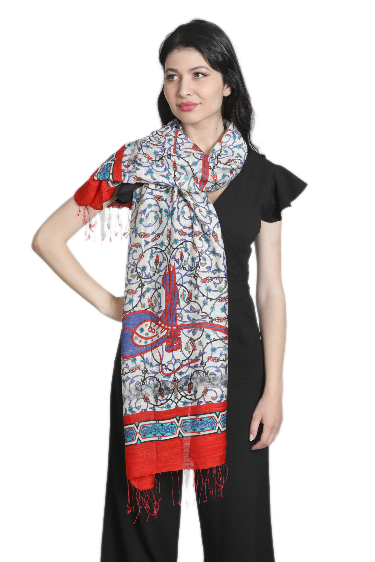 شال ابریشم و کتان میستیک Mystic، مدل MS-319، قرمز و اکرو زنانه