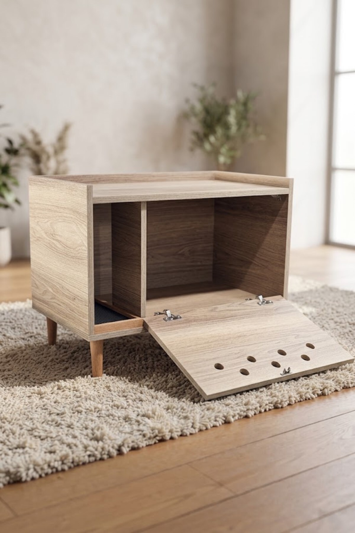کابینت توالت گربه ریو Reyo، سری Pet Luna، MDF گردویی سوراخ‌دار پایه‌دار