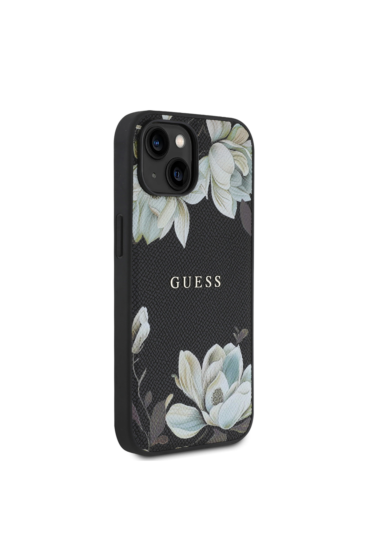 کاور و قاب آیفون 15 GUESS دارای مجوز M SAFE برجسته طرح گل دانه دار فلزی جلد لوگوی متنی مشکی اورجینال Guess