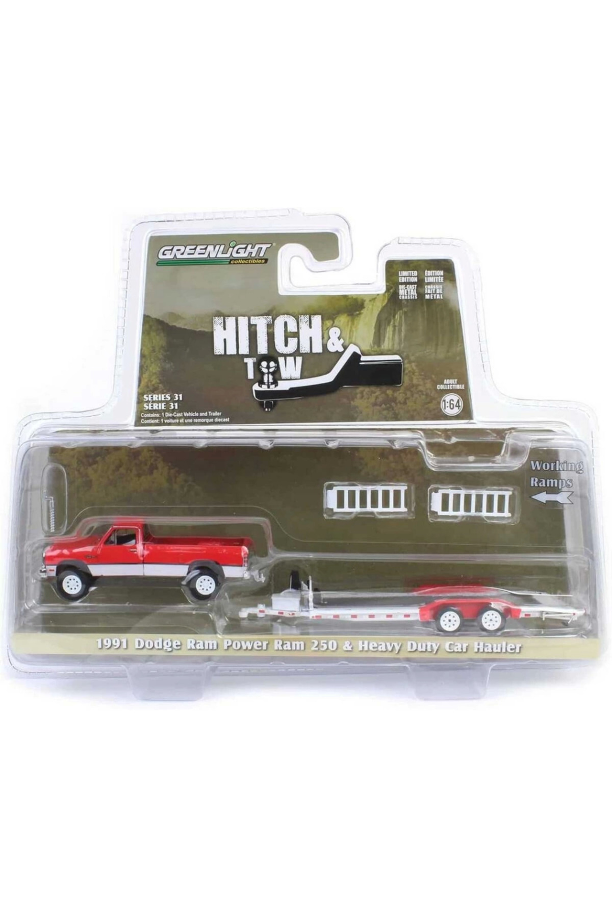 مدل خودرو GREENLIGHT 1 64 HITCH &amp; TOW SERIES 31 1991 DODGE RAM POWER 250 WITH HEAVY DUTY CAR HAULER اورجینال Timboxstore