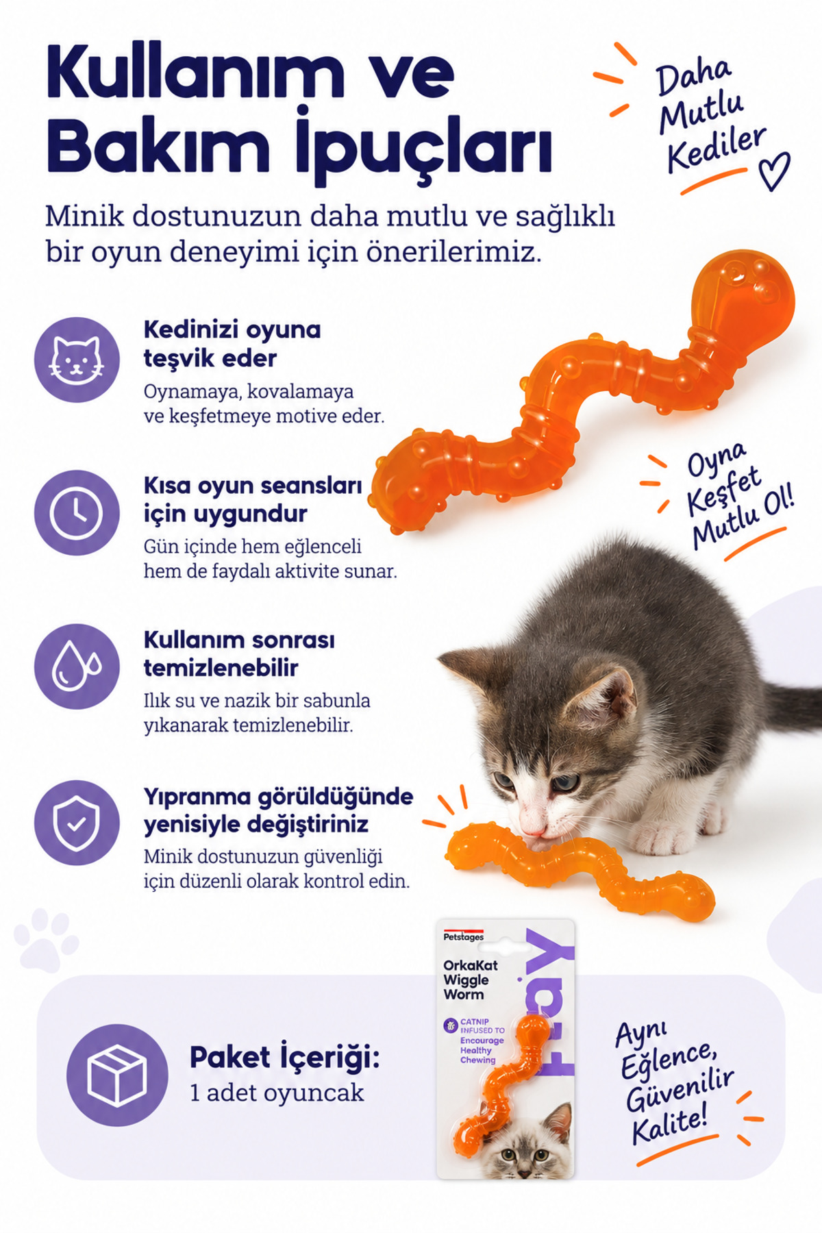 اسباب‌بازی جویدنی گربه پت‌استیجز PetStages مدل Orka Cat Wiggle Worm، کرم‌شکل و با کت‌نیپ