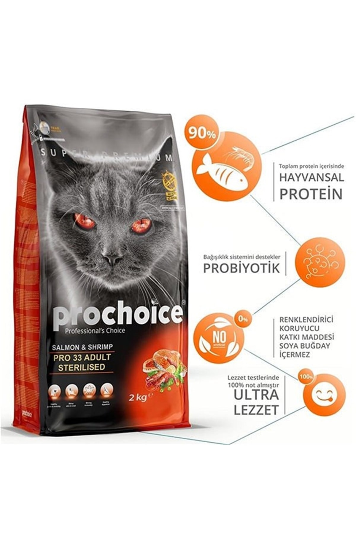 غذای خشک گربه عقیم‌شده پروچویس ProChoice Pro 33 با سالمون و میگو، ۱۵ کیلوگرم