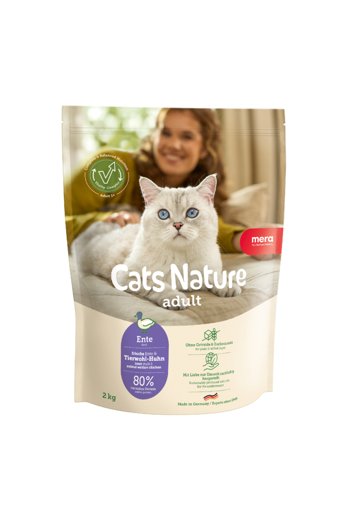 غذای خشک گربه با اردک مرا Mera Cats Nature، بدون غلات، ۲ کیلوگرم
