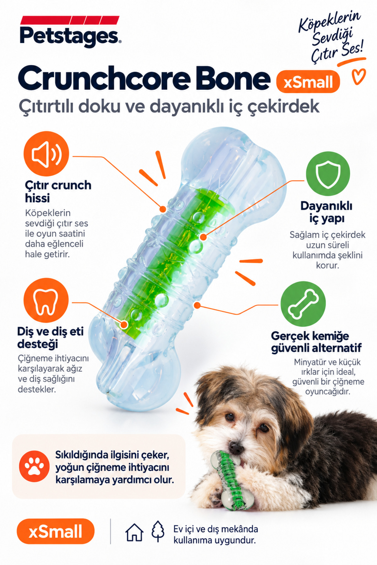 اسباب‌بازی جویدنی استخوانی سگ پت‌استیجز PetStages Crunchcore Bone، سایز XSmall سفید