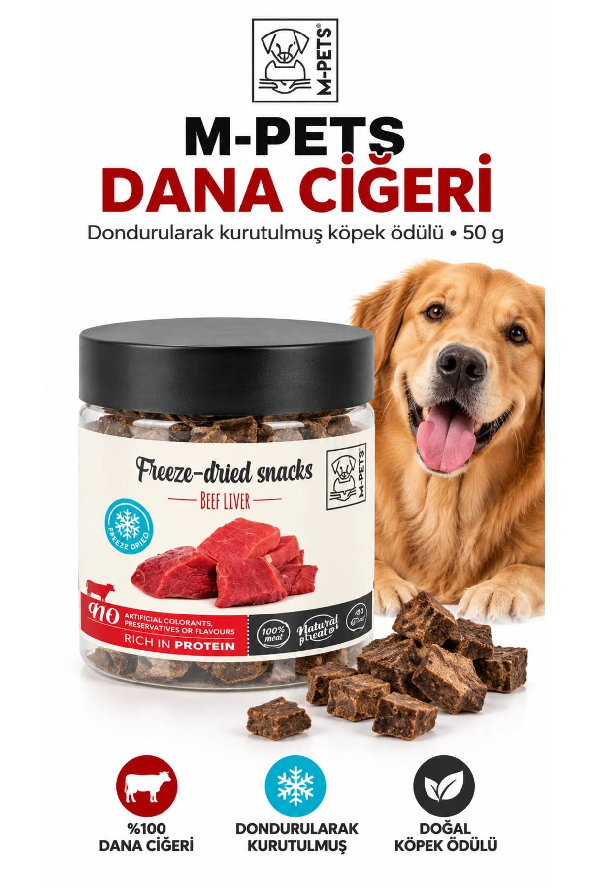 تشویقی سگ با جگر گاو ۱۰۰٪ ام‌پتس M-PETS، خشک‌شده انجمادی، ۵۰ گرم