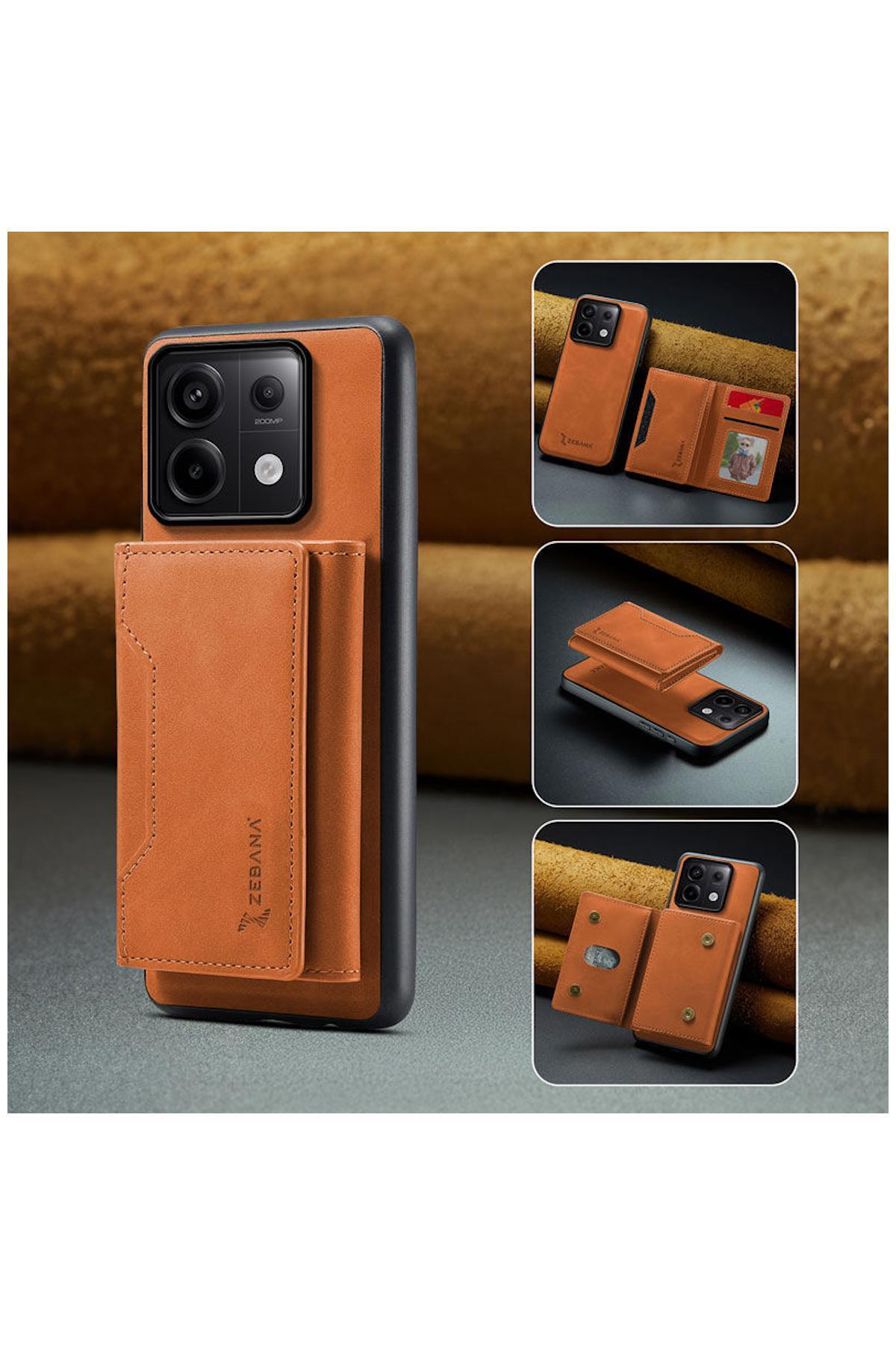 کاور و قاب چرمی ZEBANA 2IN1 ELITE CLASS COMPATIBLE XIAOMI REDMI NOTE 14S با کیف پول قهوه ای اورجینال Zebana