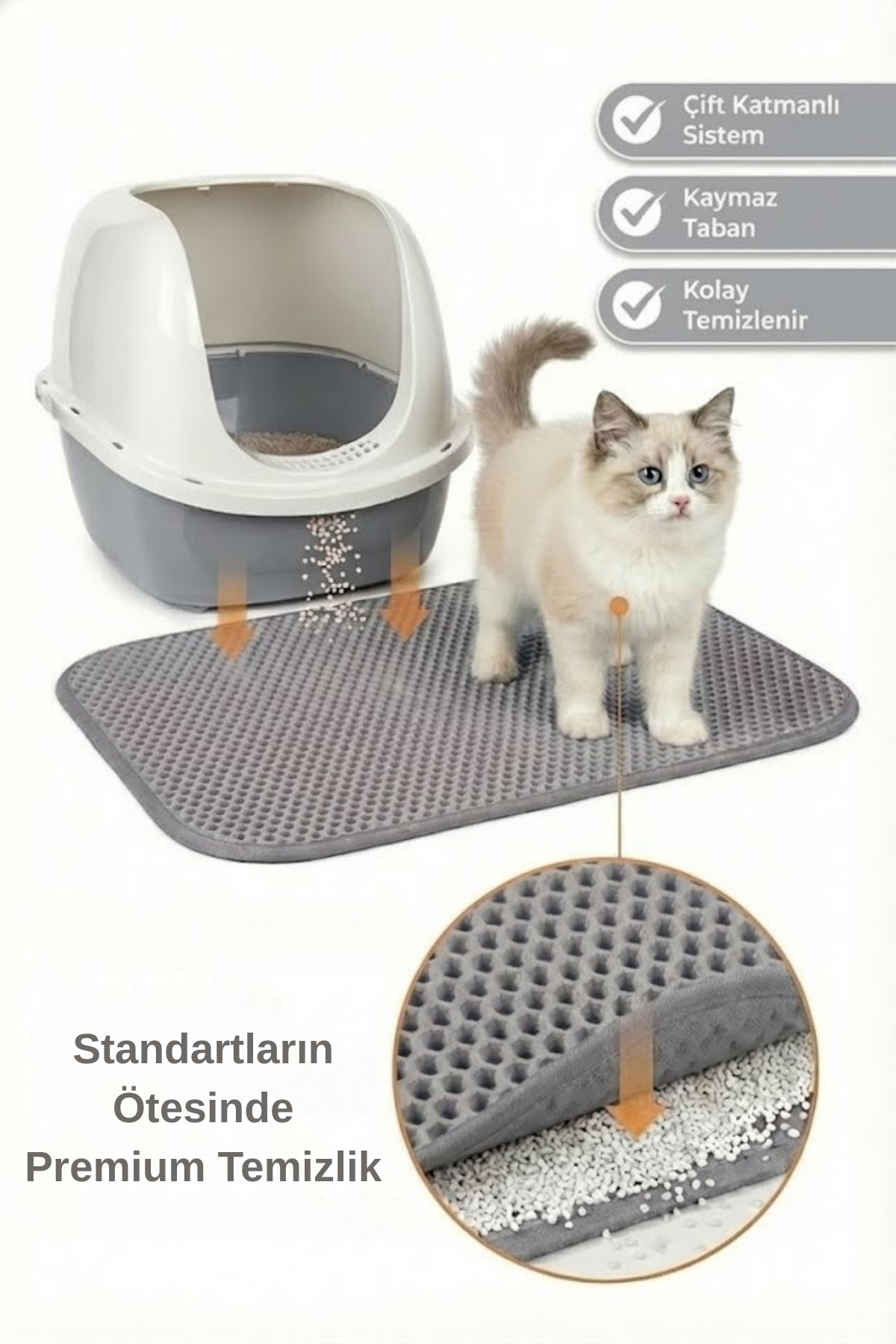 زیرانداز جلوی ظرف خاک گربه پاگالو Pugalo CleanPaw Premium، دولایه و سوراخ‌درشت خاکستری