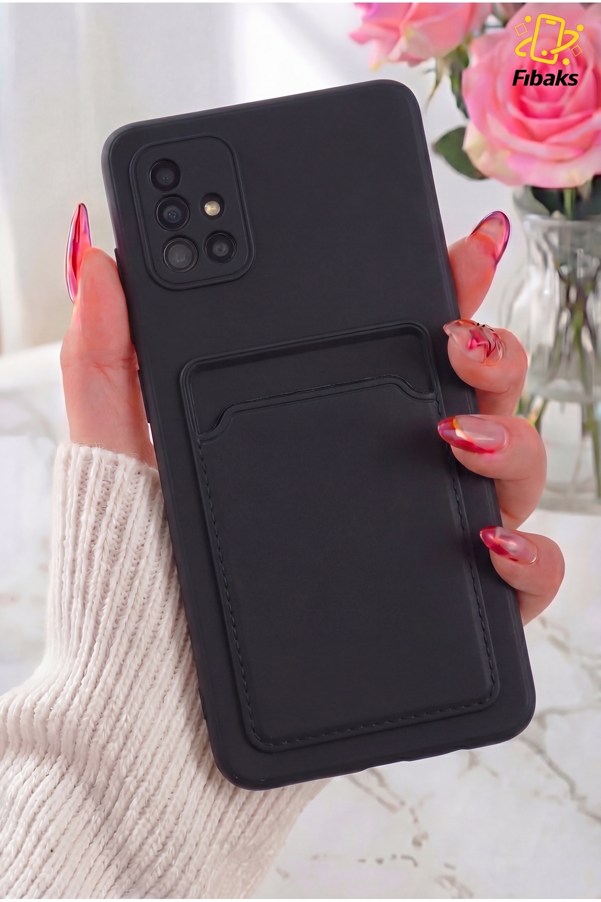 کاور و قاب سیلیکونی مشکی SAMSUNG GALAXY A51 با محافظ دوربین جای کارت کیف پول دکمه های قرمز سازگار فیبکس Fibaks