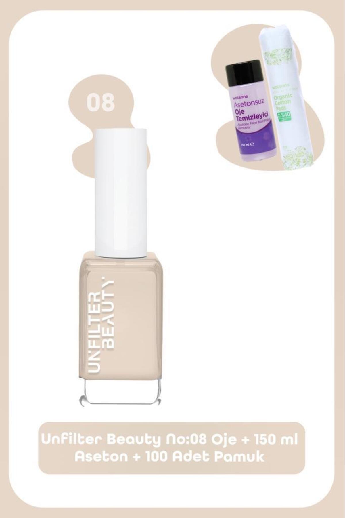 ست لاک ناخن No:08، استون ۱۵۰ میلی‌لیتری و ۱۰۰ عدد پنبه آنفیلتر بیوتی Unfilter Beauty