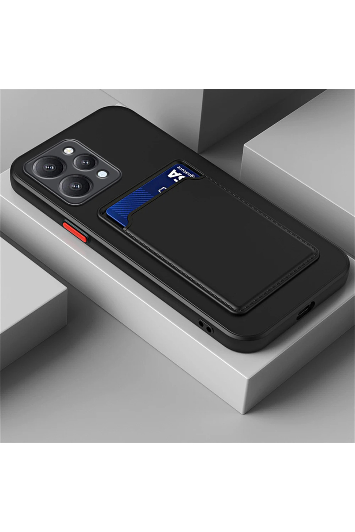 کاور و قاب روکش سیلیکونی مشکی شیائومی REDMI 12 CASE با محافظ دوربین جای کارت کیف پول دکمه‌های قرمز فیبکس Fibaks