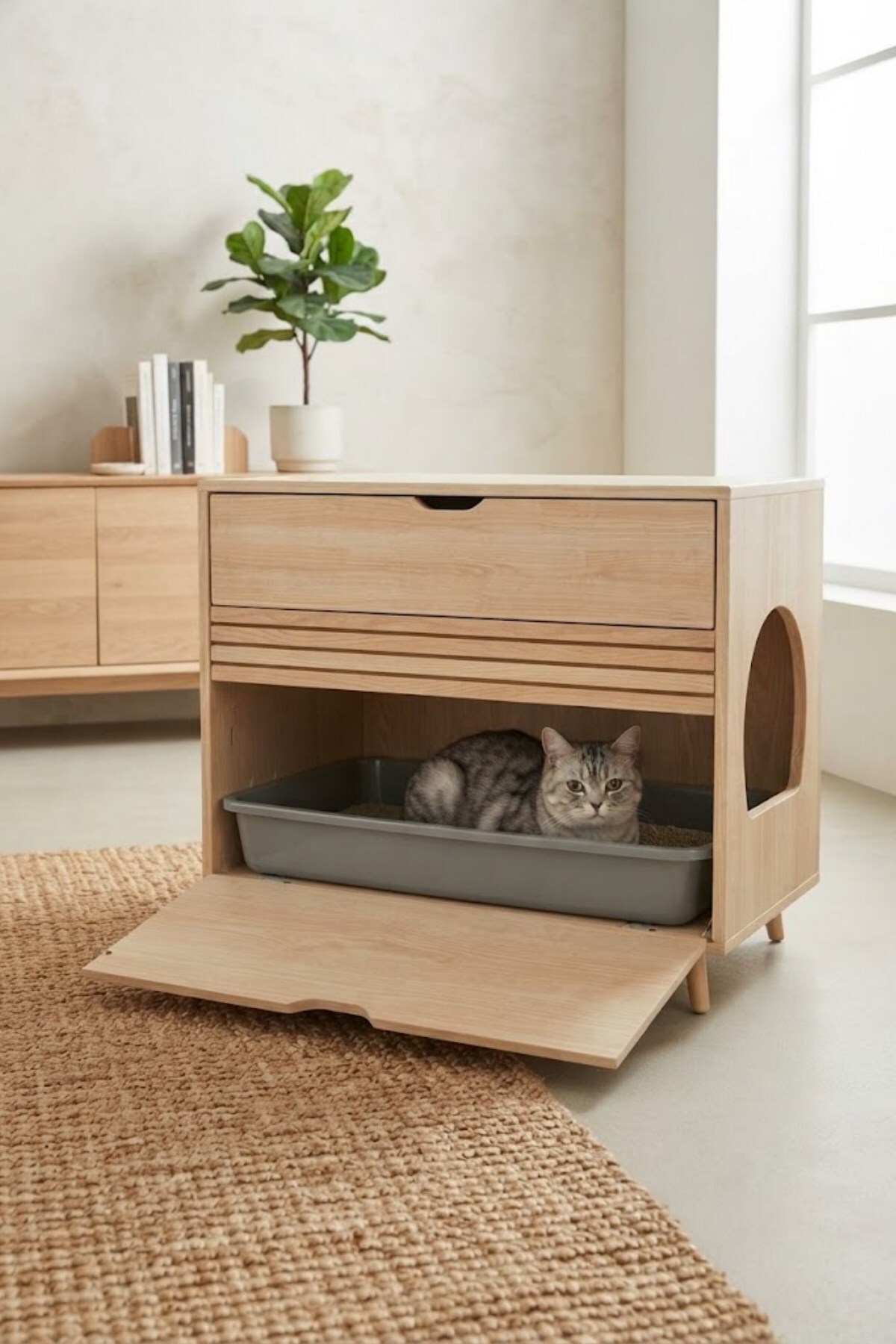 کابینت توالت گربه ریو Reyo مدل Pet Premium Zenith Soft، تک‌کشو، چوب یکپارچه چوبی