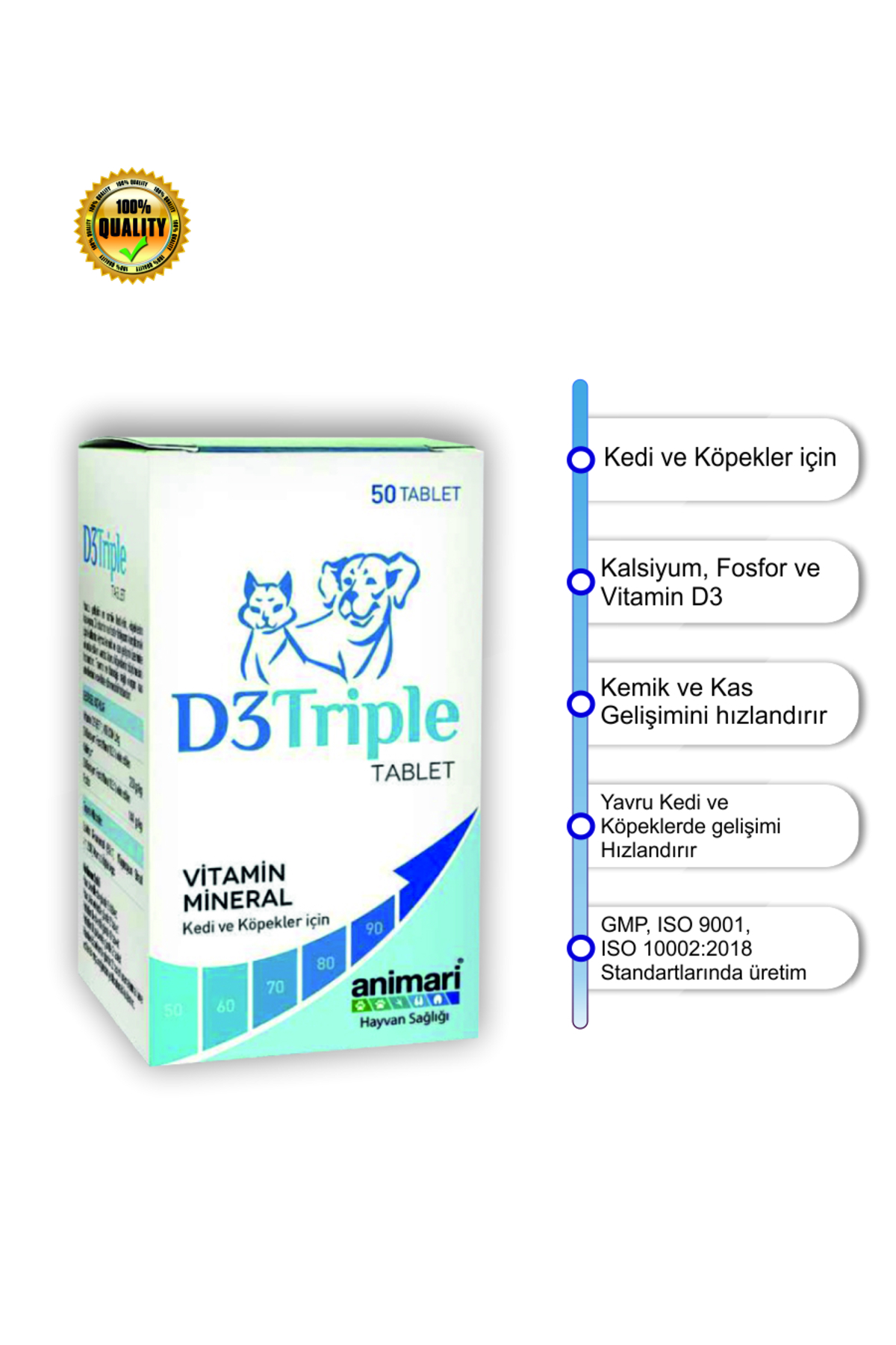 قرص ویتامین D3، کلسیم و فسفر برای گربه و سگ آنیماری animari D3 Triple، ۵۰ عددی