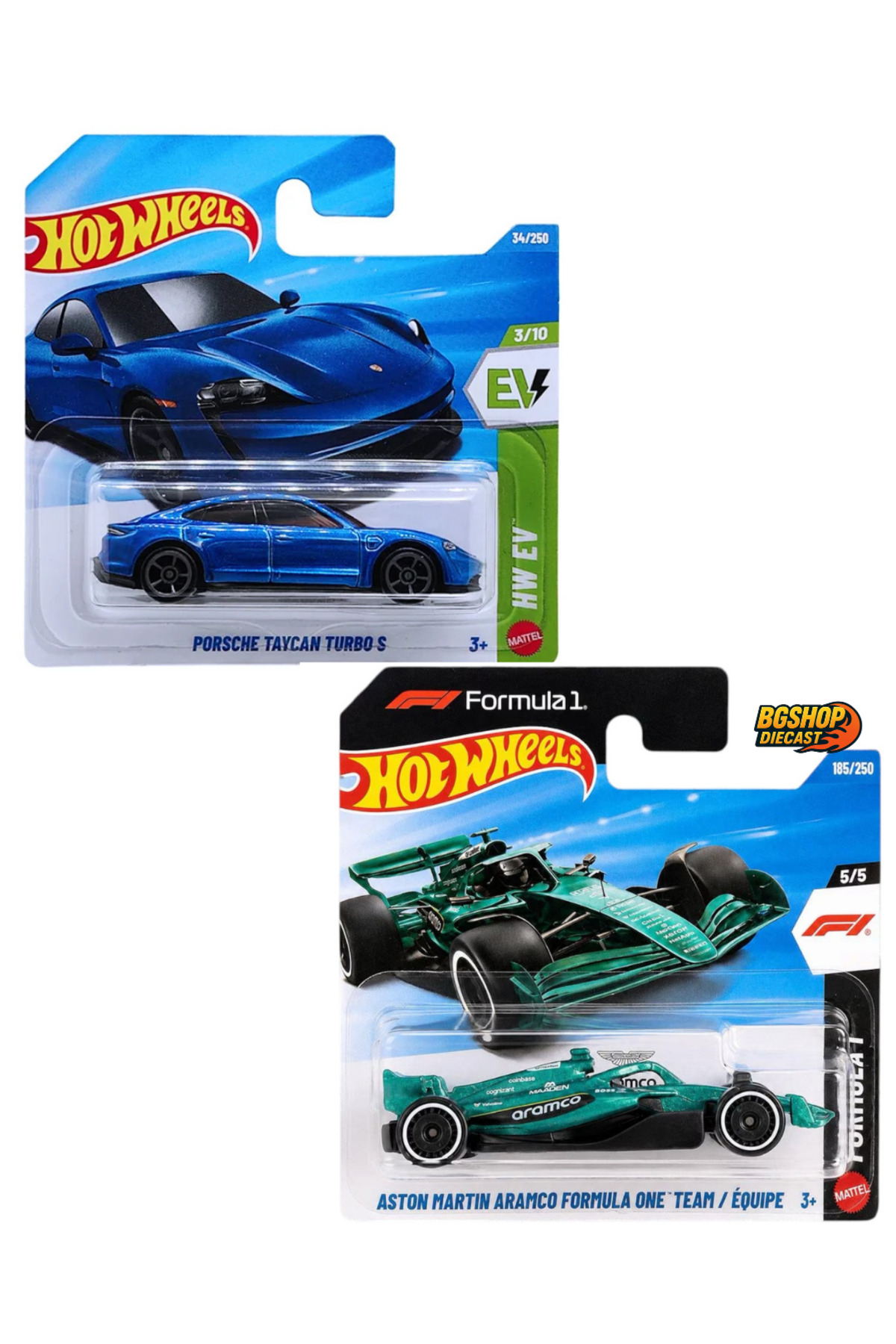 ماشین اسباب‌بازی هات ویلز Hot Wheels Porsche Taycan Turbo S و Aston Martin Aramco Formula 1 One Team