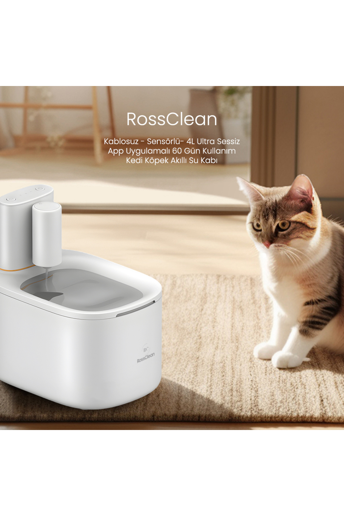 آبخوری هوشمند گربه و سگ راس‌کلین RossClean، بی‌سیم و حسگردار، ۴ لیتری سفید