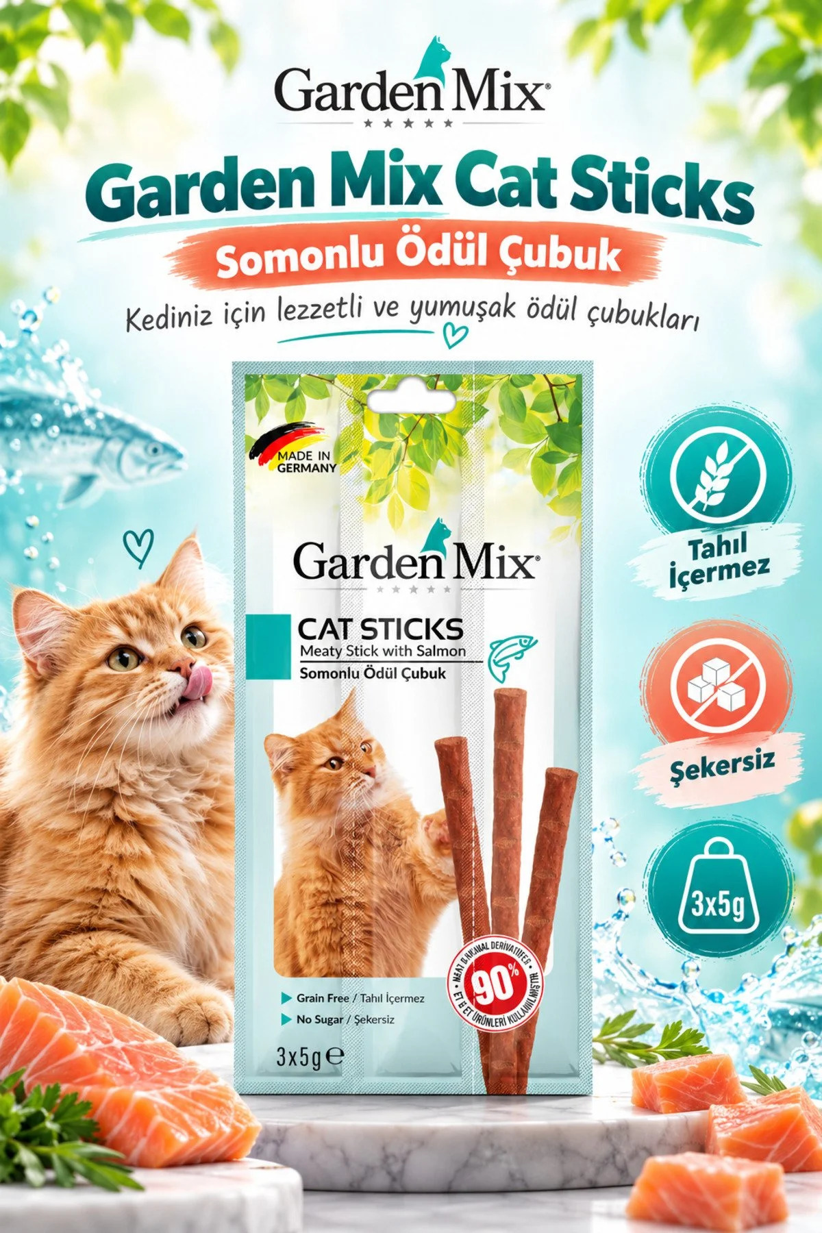 تشویقی گربه گاردن‌میکس Gardenmix با طعم سالمون، استیکی، ۳×۵ گرم