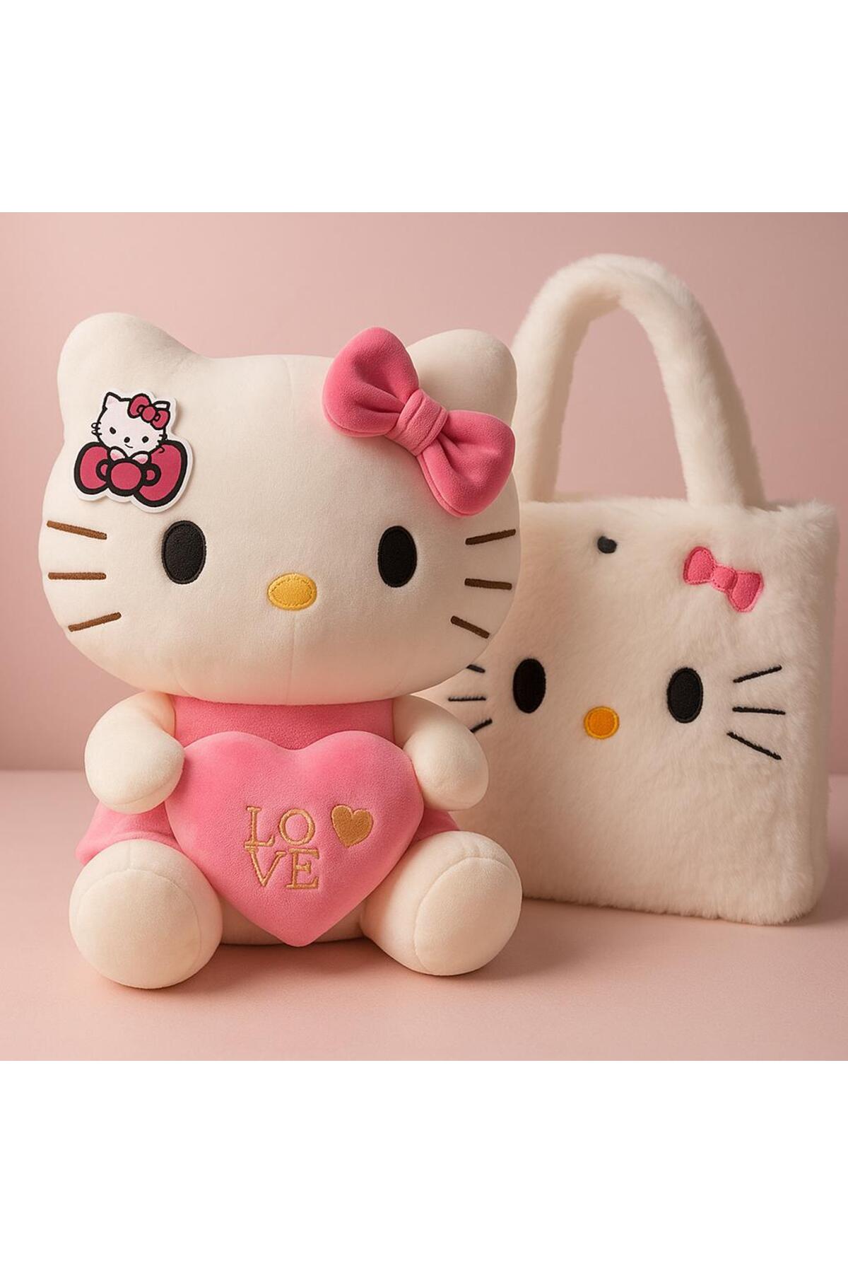 اسباب بازی های پشمی مخمل دار HELLO KITTY 35CM + کیف مخملی زیبا و نرم از ترکیه POLLYTOYS PELÜŞ OYUNCAKTA DÜNYA MARKASI