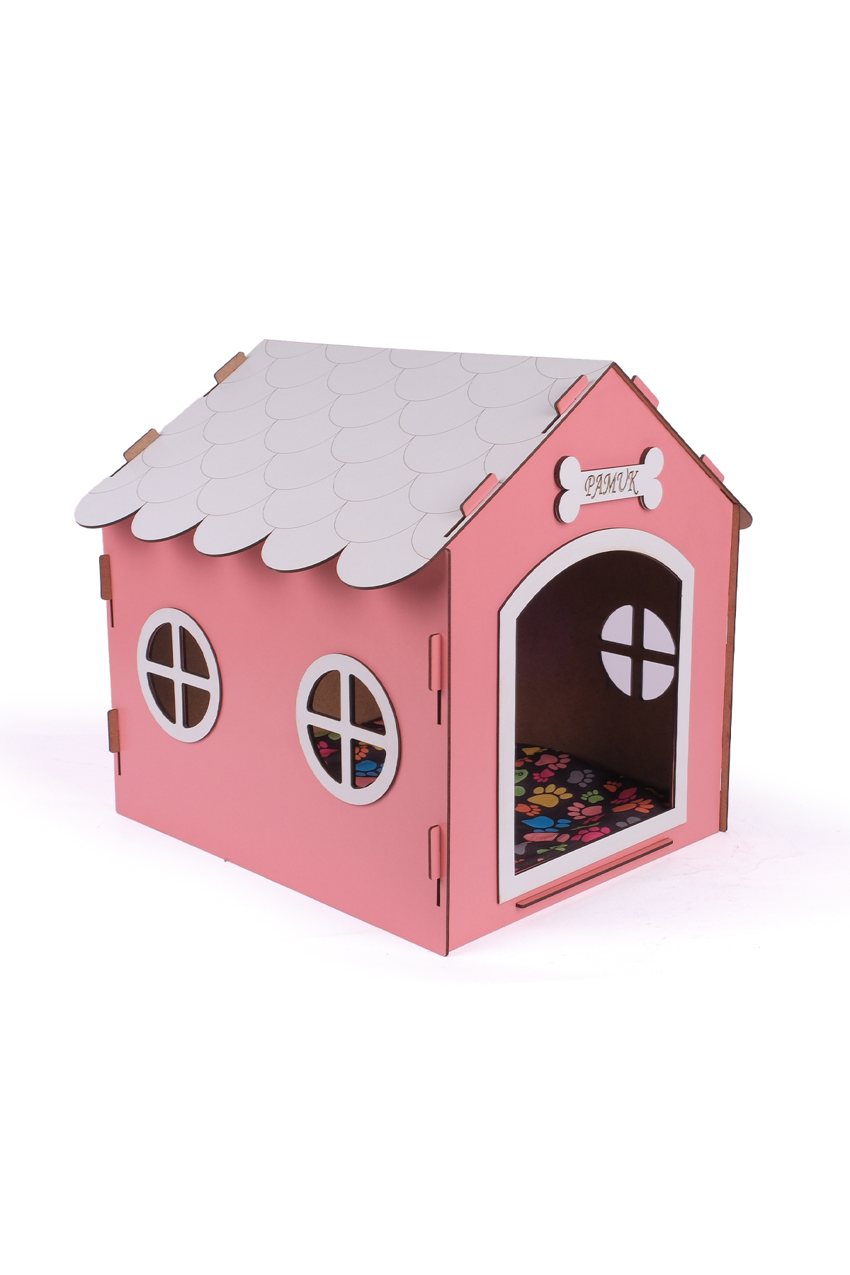 خانه سگ چوبی گوبی‌پت GOBYPET با چاپ نام، صورتی، مناسب نژادهای کوچک