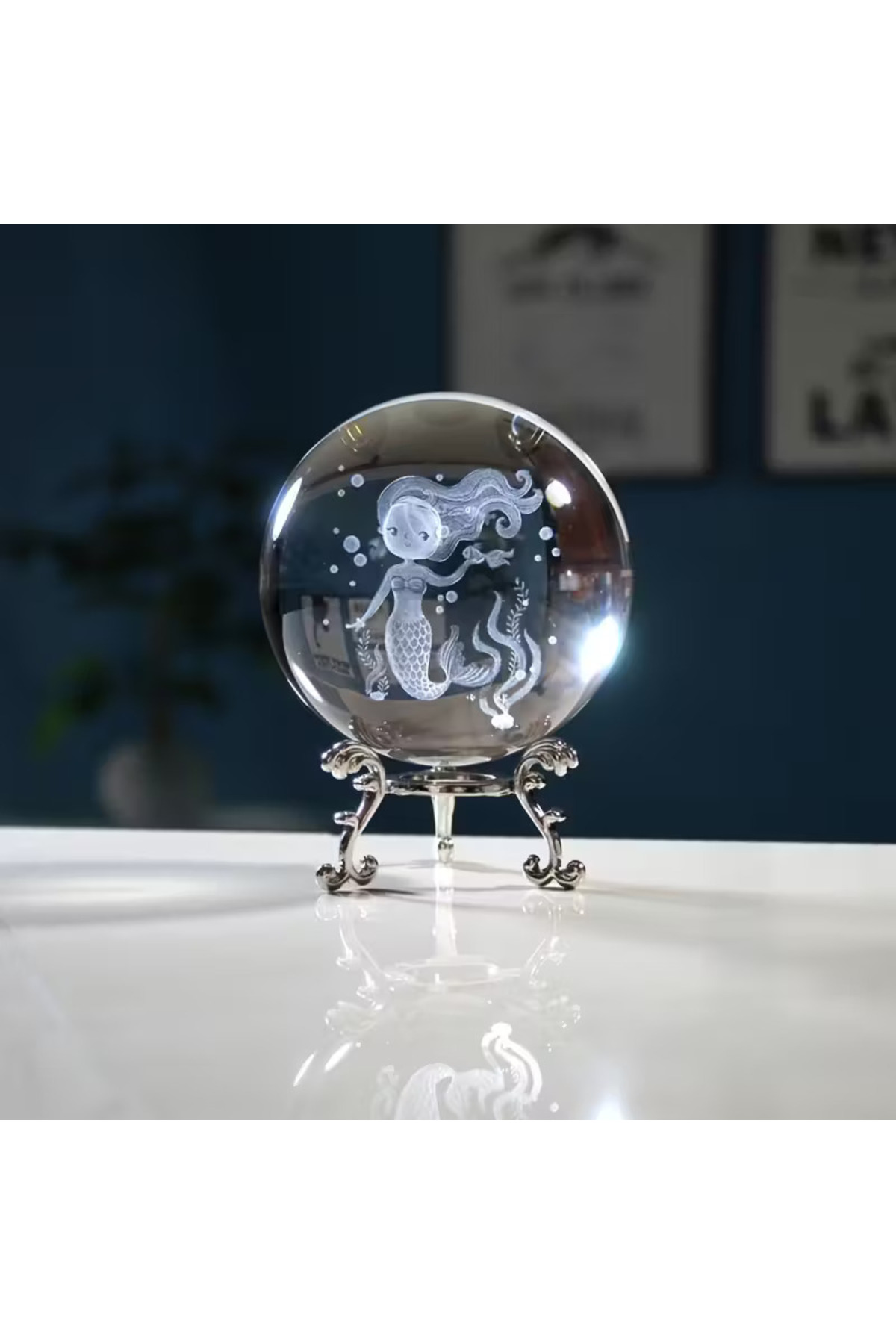 گوی برفی گلاب شیشه ای سه بعدی طرح پری دریایی با پایه های فلزی تزئینی 6 سانتی متر از ترکیه hediyesahibi
