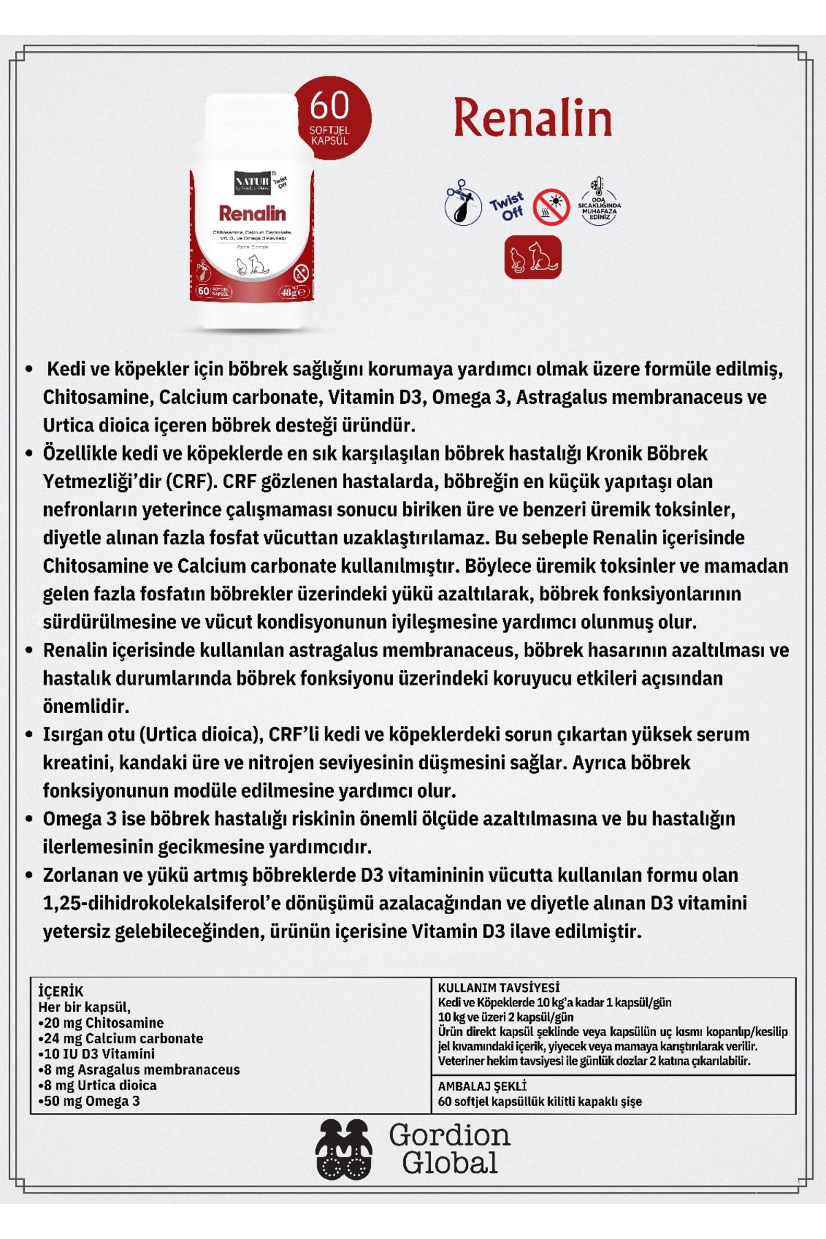 مکمل حمایتی کلیه گربه و سگ Renalin ناتور بای گوردیون گلوبال Natur by Gordion Global