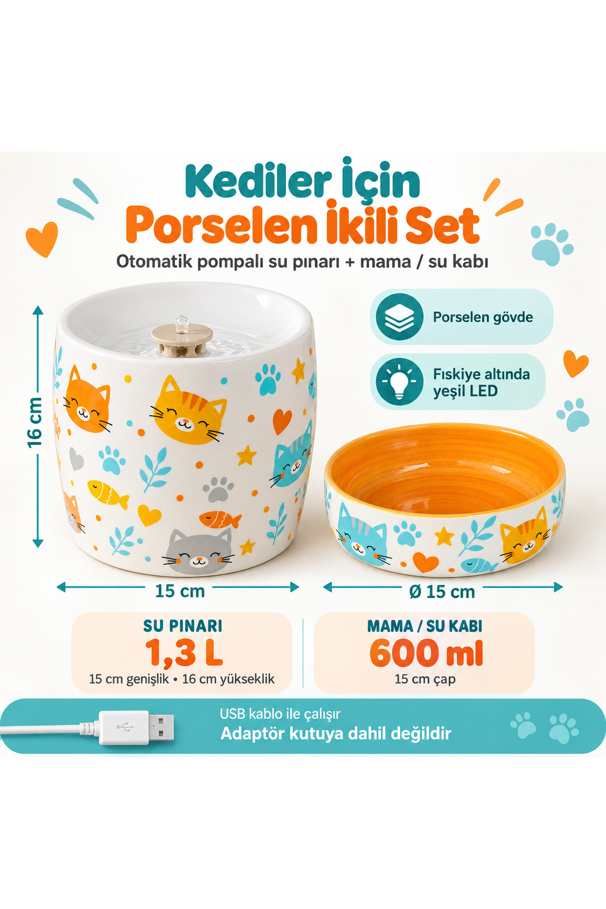 ست آبخوری فواره‌ای و ظرف غذای گربه و سگ پاویچی Pawicci، ۲ تکه، چینی و چراغ‌دار زرد 1.3 L