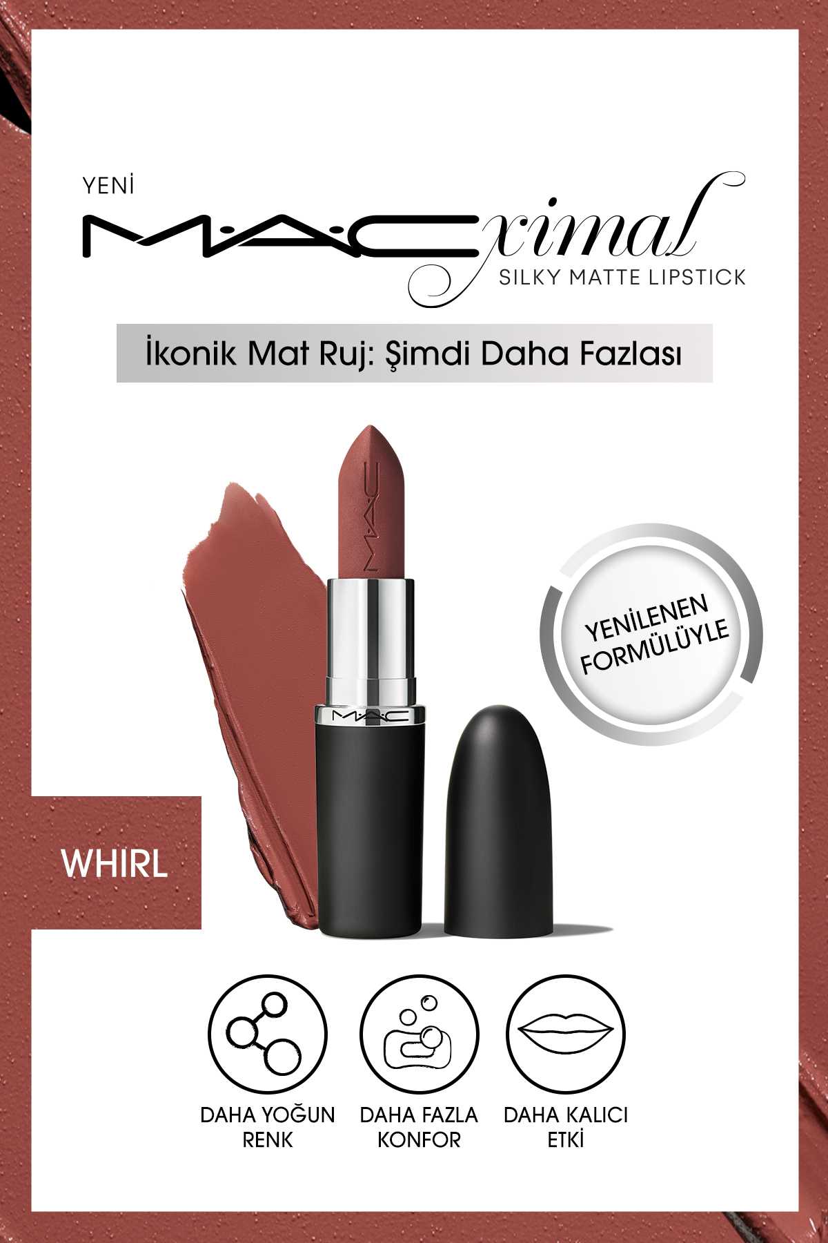 رژ لب مات ابریشمی M·A· با خاصیت مرطوب کنندگی و ارائه رژلب رنگی تند WHIRL Mac