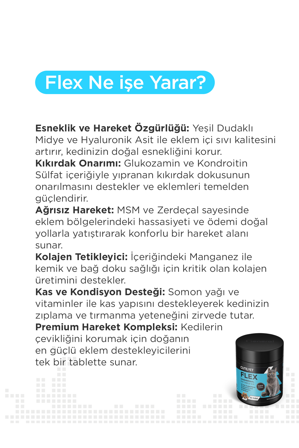 قرص مفاصل گربه کیوت‌پت CutePet Flex، ۶۰ عدد، حاوی گلوکزامین، کندرویتین و MSM