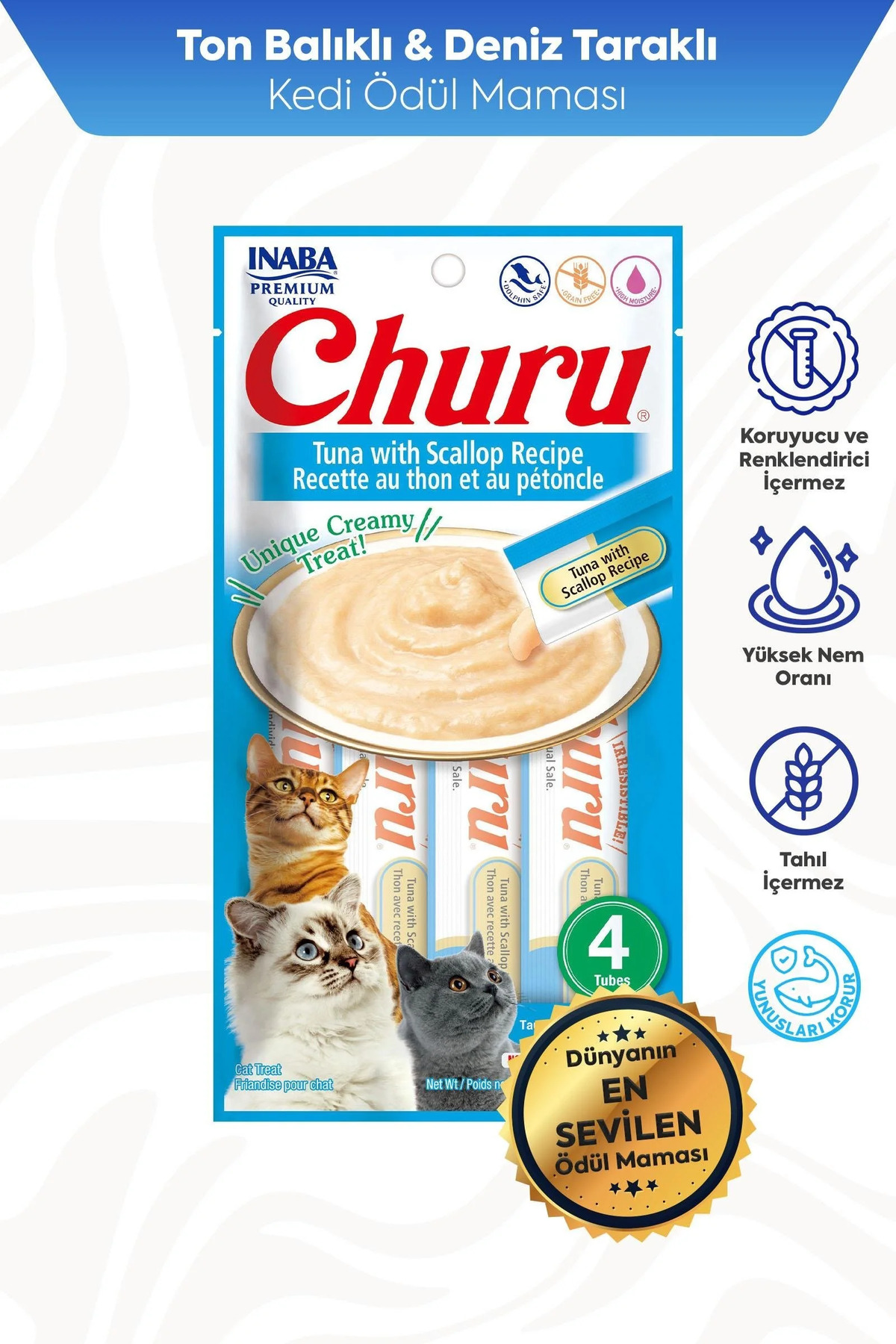 تشویقی کرمی گربه اینابا Inaba Ciao Churu با طعم ماهی تن و اسکالوپ، ۴ × ۱۴ گرم