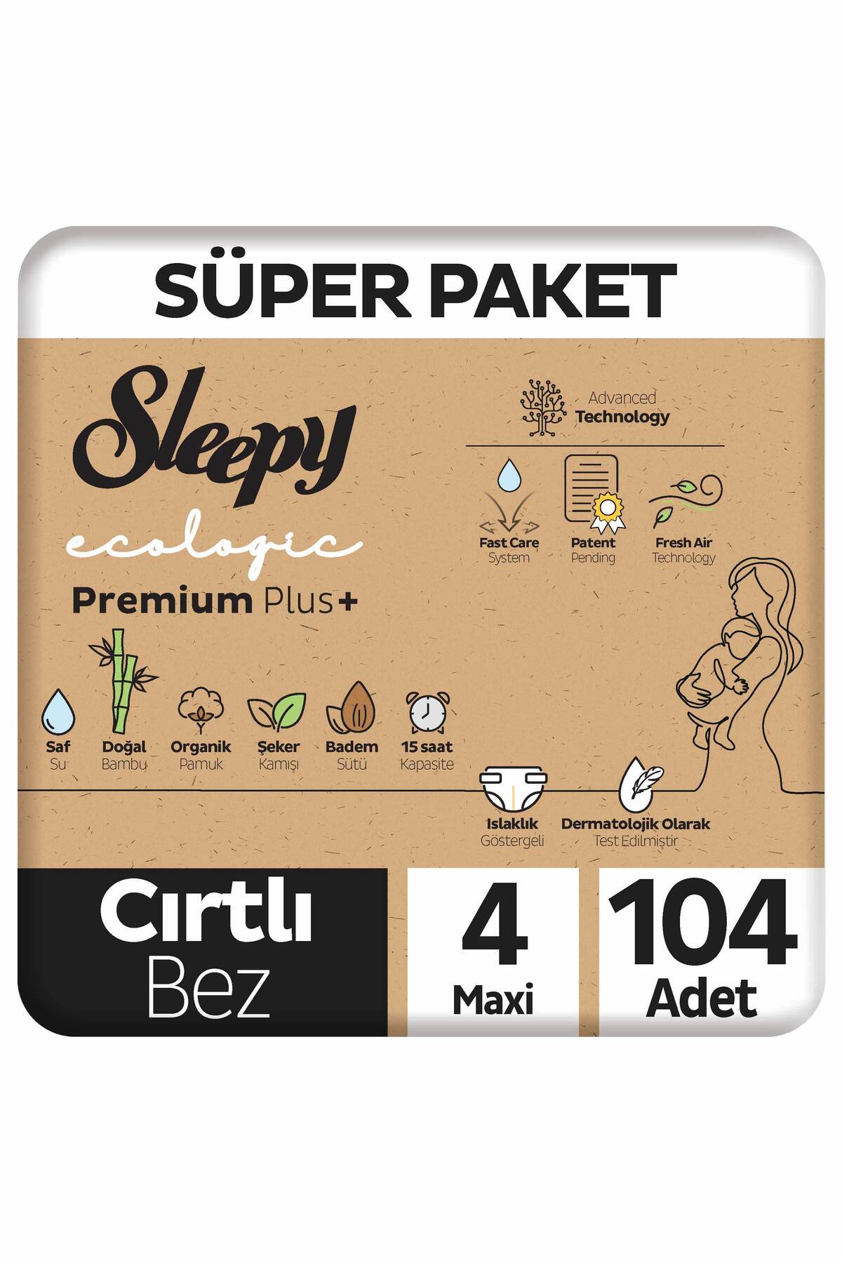 پوشک بچه ECOLOGIC PREMIUM PLUS SUPER PACK شماره 4 MAXI 104 عدد اورجینال Sleepy