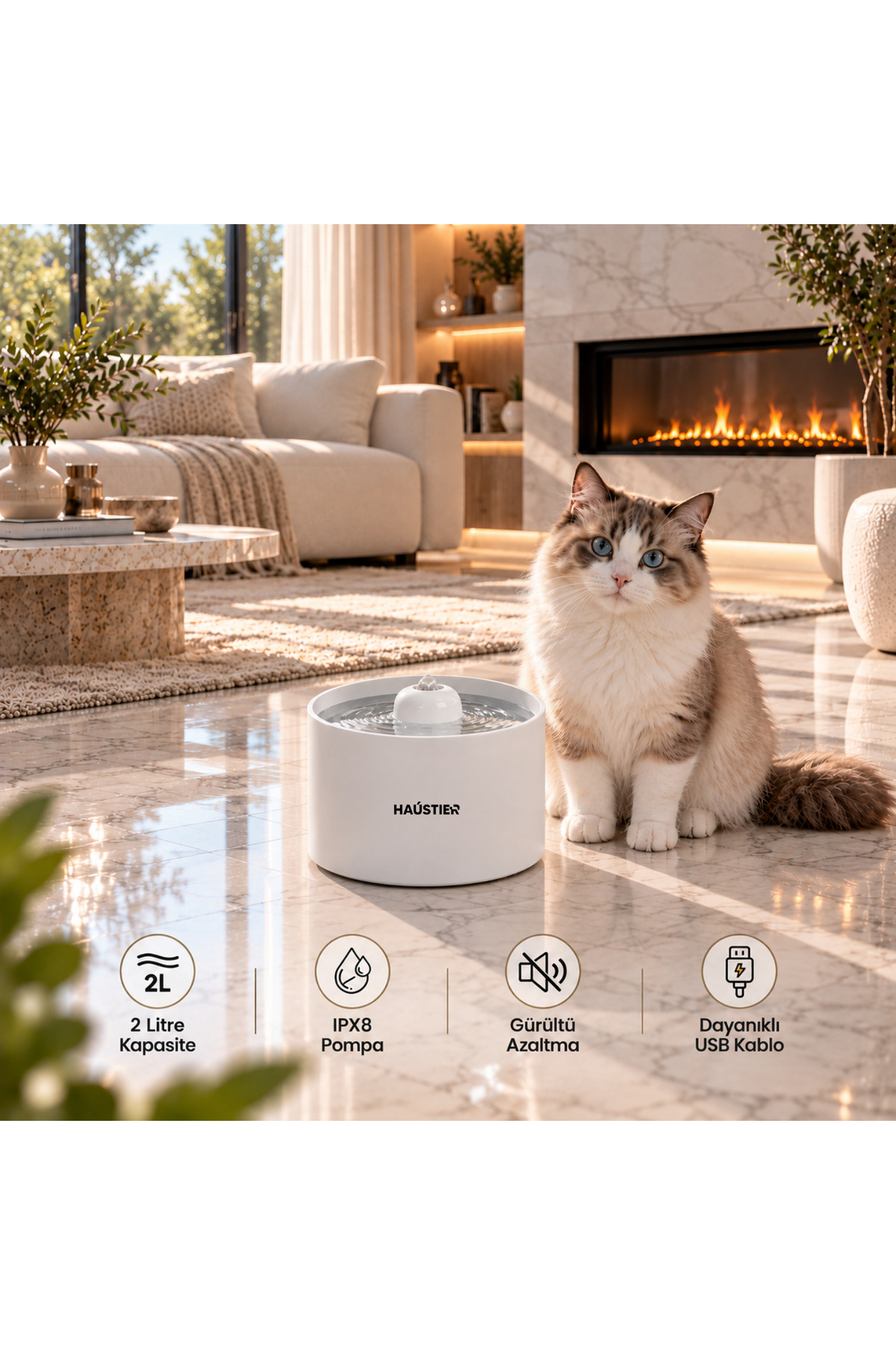 آبخوری فواره‌ای خودکار سرامیکی گربه هاوستایر Haustier مدل WF013، سفید