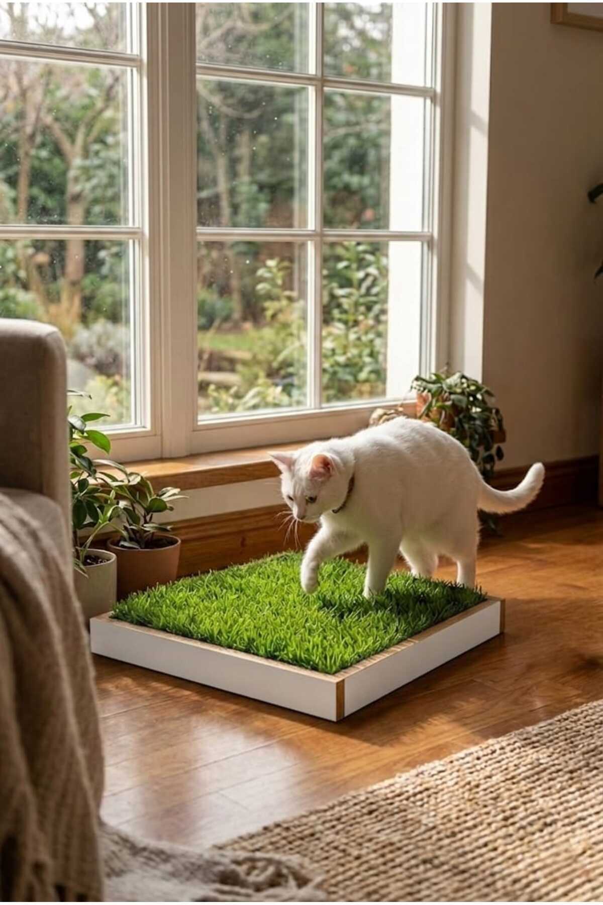 بستر چمن گربه پریمیوم با چمن زنده آماده و جعبه چوبی سبز