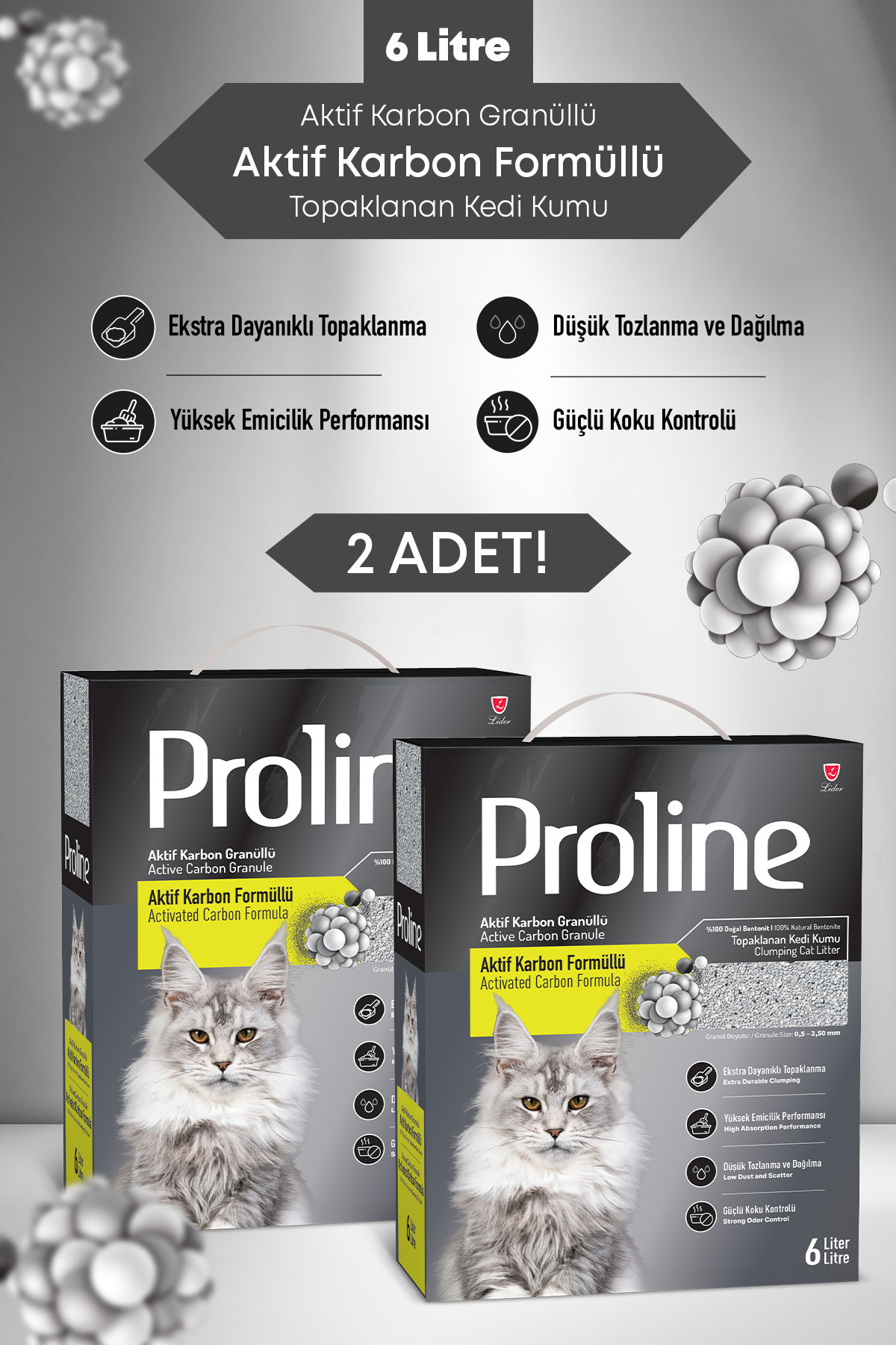 خاک گربه بنتونیتی دانه‌ریز پرولاین Proline با کربن فعال، ۲ بسته ۶ لیتری