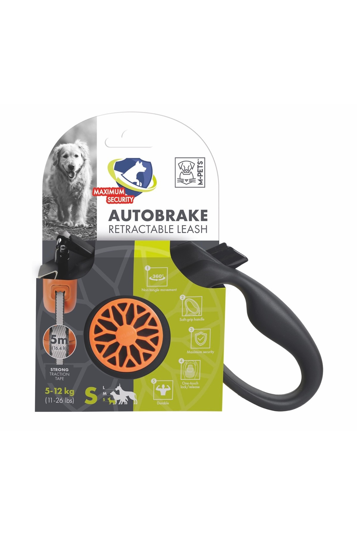 قلاده اتوماتیک جمع‌شونده سگ ام‌پتس M-PETS Autobrake، ۵ متر، نارنجی
