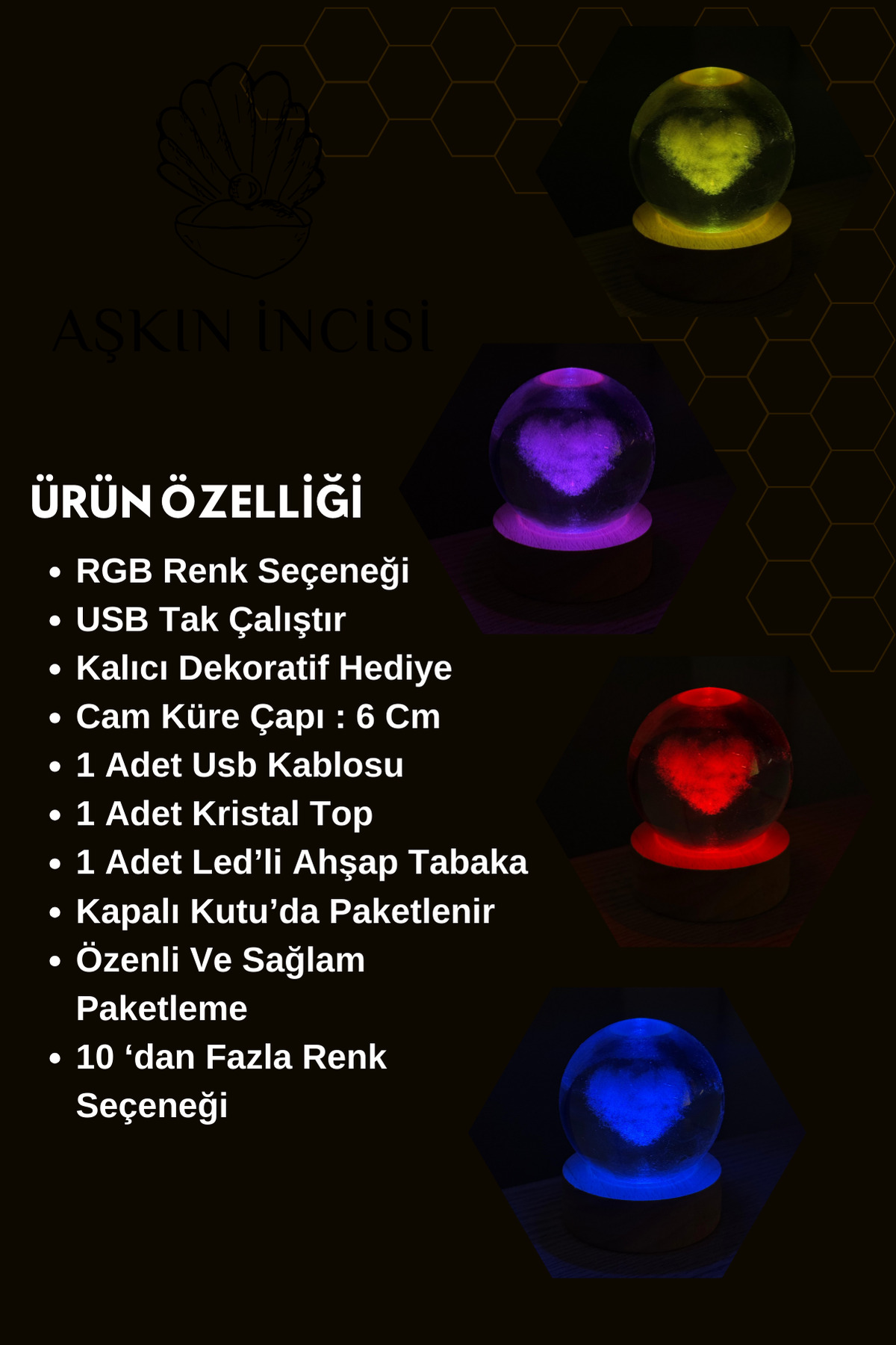 گوی برفی تغییر رنگ RGB LED چراغ‌دار HEART GLASS SNOW GLOBE CRYSTAL PLANET SPHERE هدیه برای عاشق از ترکیه Aşkın İncisi