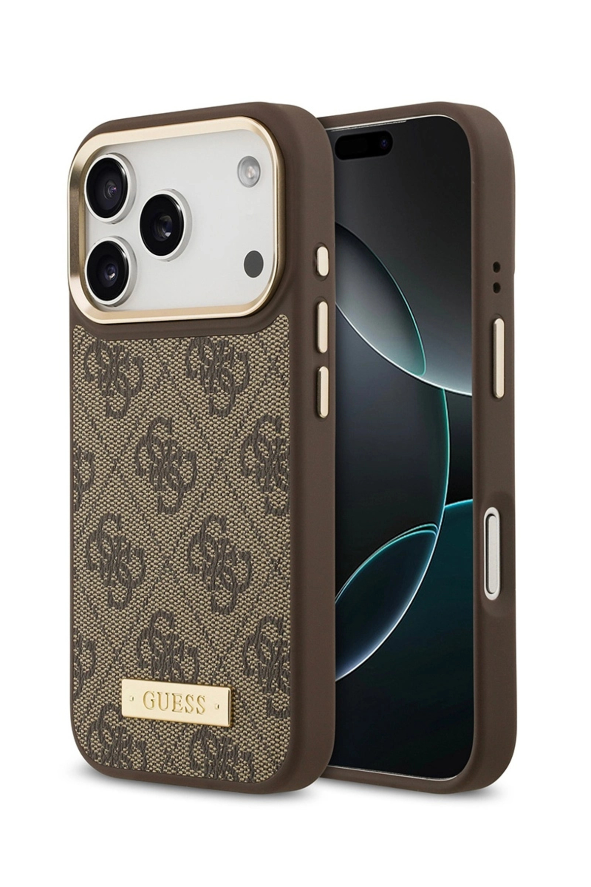 کاور و قاب سازگار با IPHONE 17 PRO دارای مجوز M SAFE الگوی 4G صفحه فلزی PU نشان‌واره کلاسیک قهوه‌ای اورجینال Guess