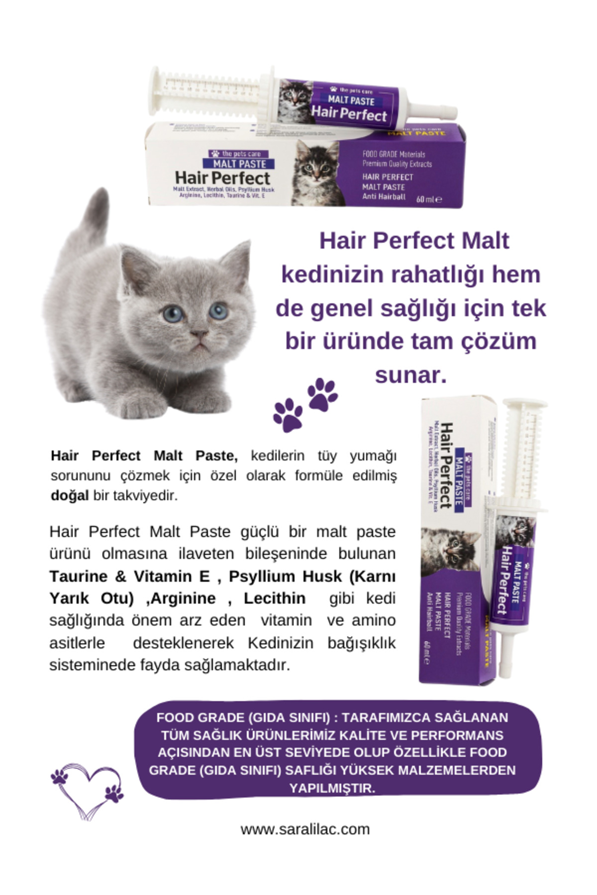 خمیر مالت گربه سارال ایلاچ Saral İlaç Hair Perfect، ۶۰ میلی‌لیتر، ویتامین‌افزوده و برای پیشگیری از گلوله مویی