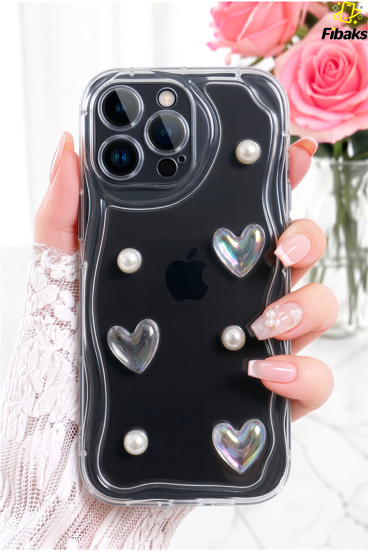 کاور و قاب APPLE IPHONE 16 PRO CASE 3D HEART PEARL شفاف سیلیکونی طرح دار با محافظ دوربین فیبکس Fibaks