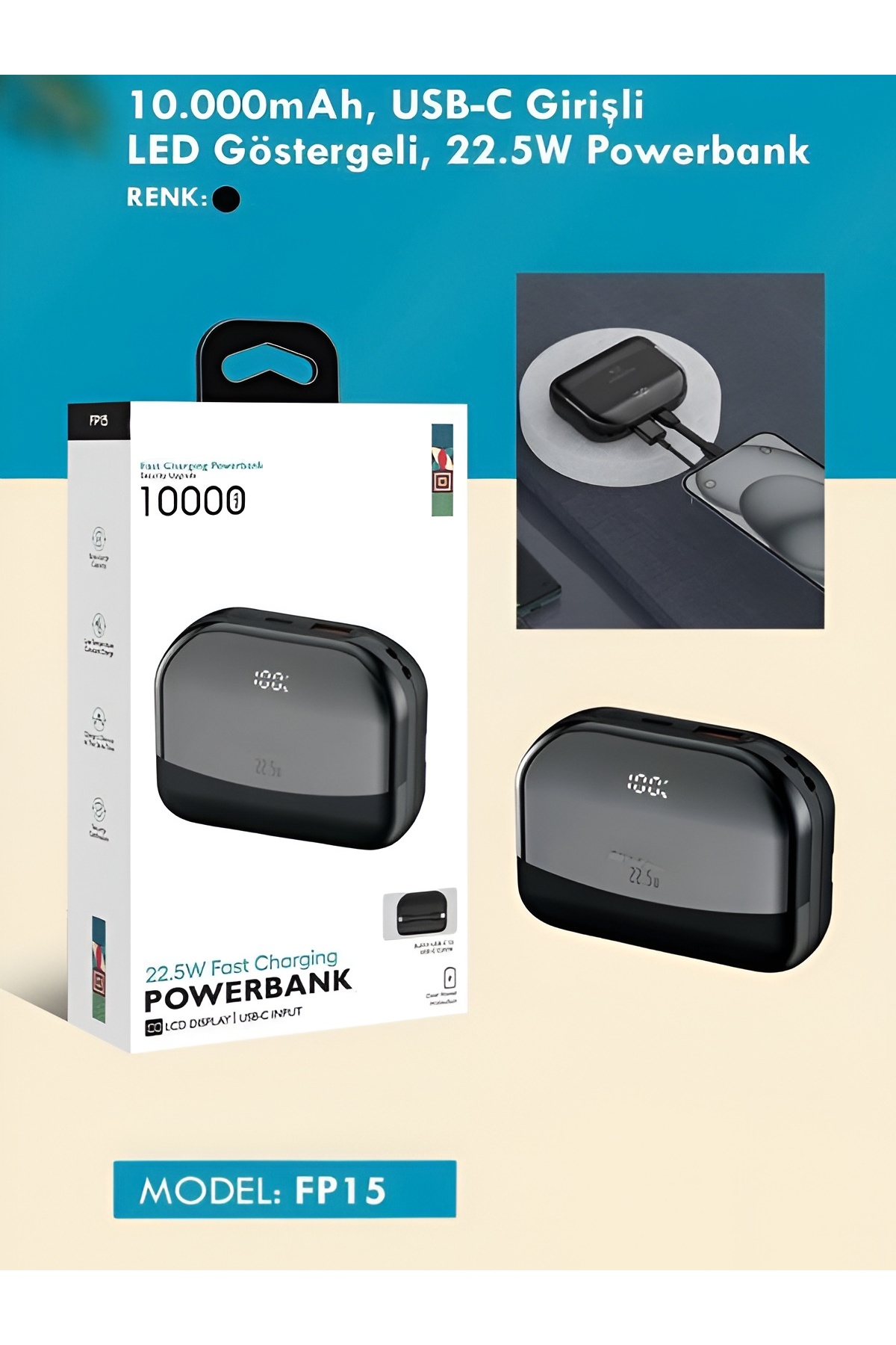 پاوربانک FP 15 10000MAH 22.5W شارژ سریع USB C ورودی LCD نمایشگر قابل حمل اورجینال ÇELİKWORK