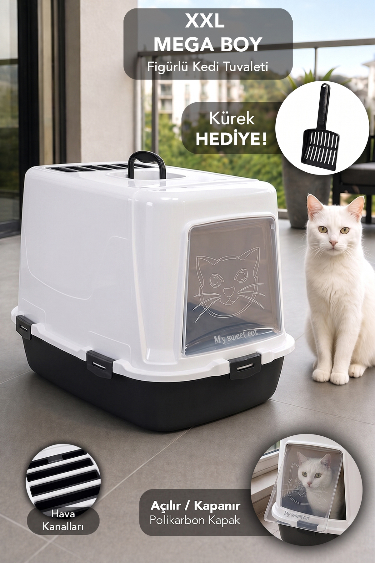 توالت گربه سرپوشیده XXL مگا با فیلتر بو و بیلچه، سفید، ملنی هوم Meleni Home مدل MCH-4203