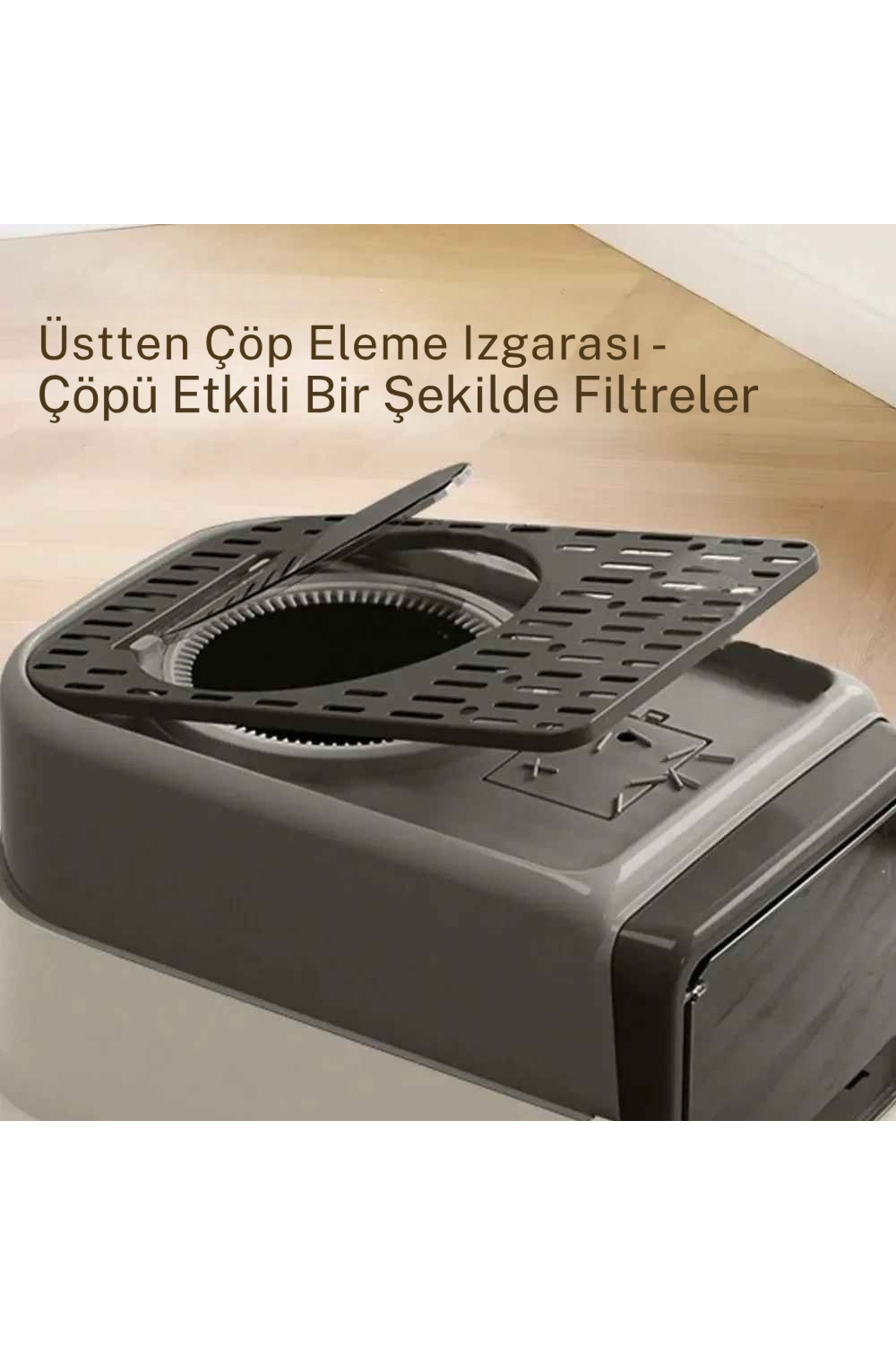 توالت گربه سرپوشیده تک‌تیک TechTic مدل MKKDBYTVGR، بزرگ و خاکستری، با خروجی از بالا و کشو