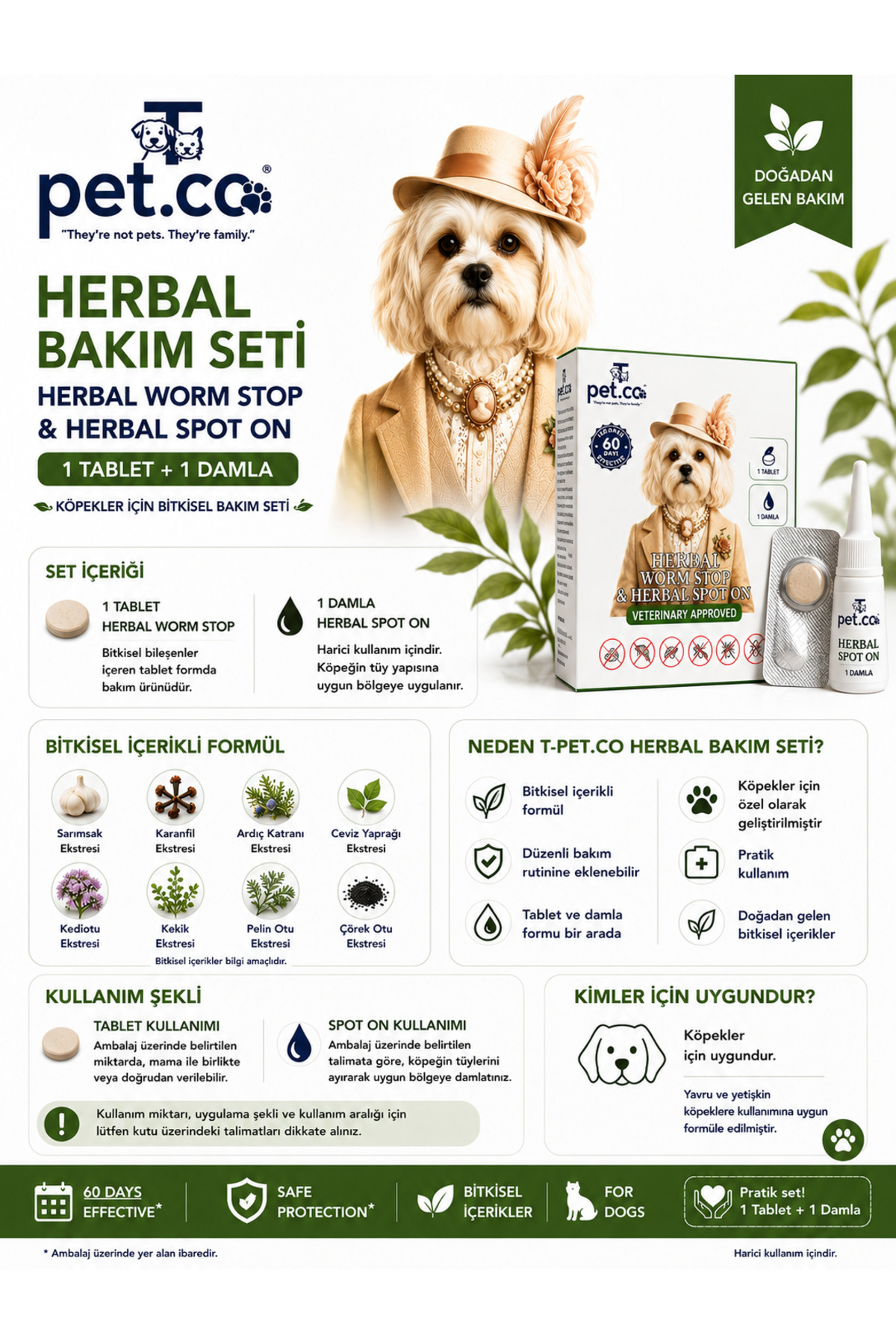 مجموعه قرص و قطره ضدانگل سگ تی‌پت‌کو TPetCo، Herbal Worm Stop و Herbal Spot On 1 Tablet