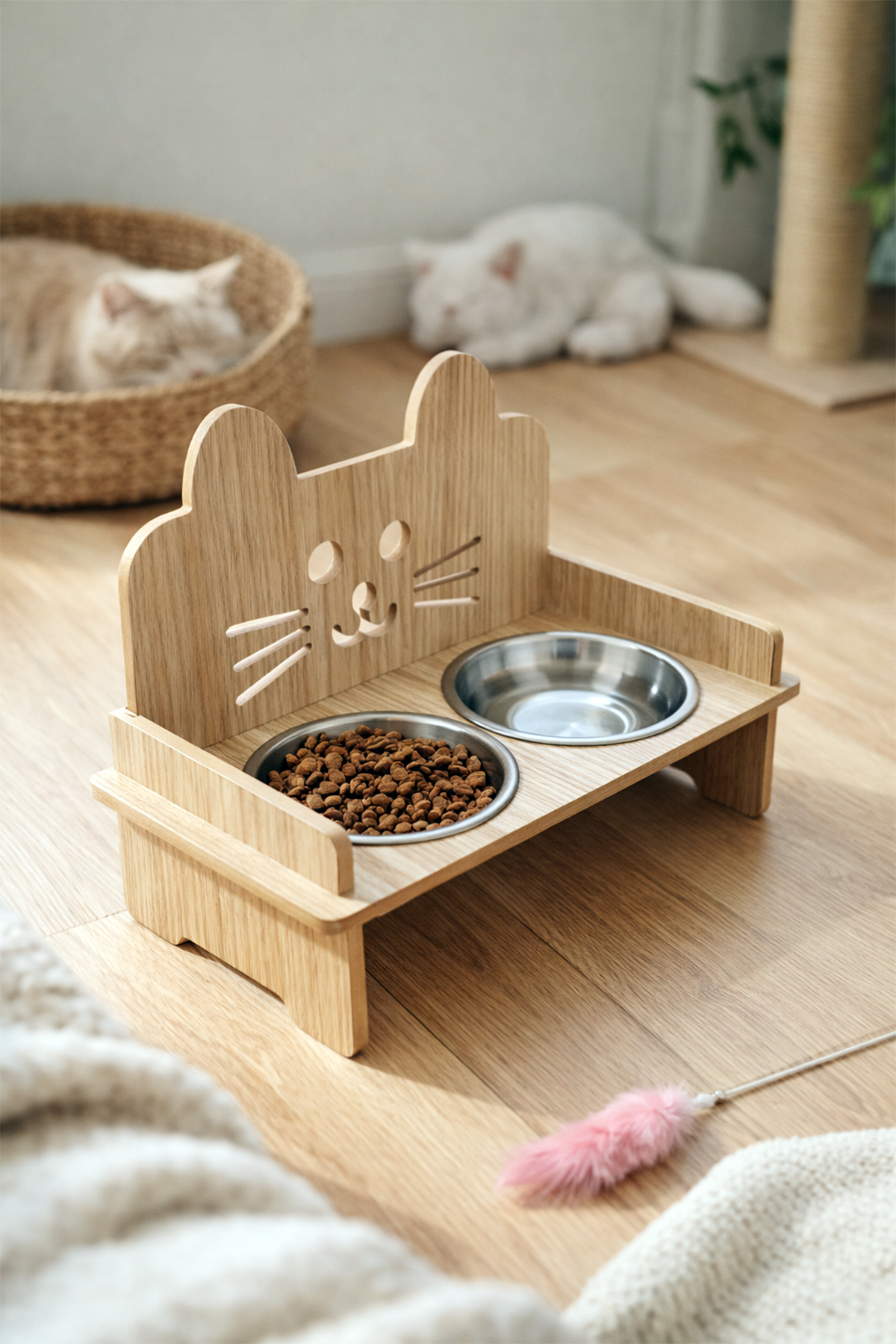 پایه ظرف غذای و آب گربه با گوش‌های چوبی، ظرف و زیرانداز گربه گوبی‌پت GOBYPET مدل 005391 قهوه‌ای