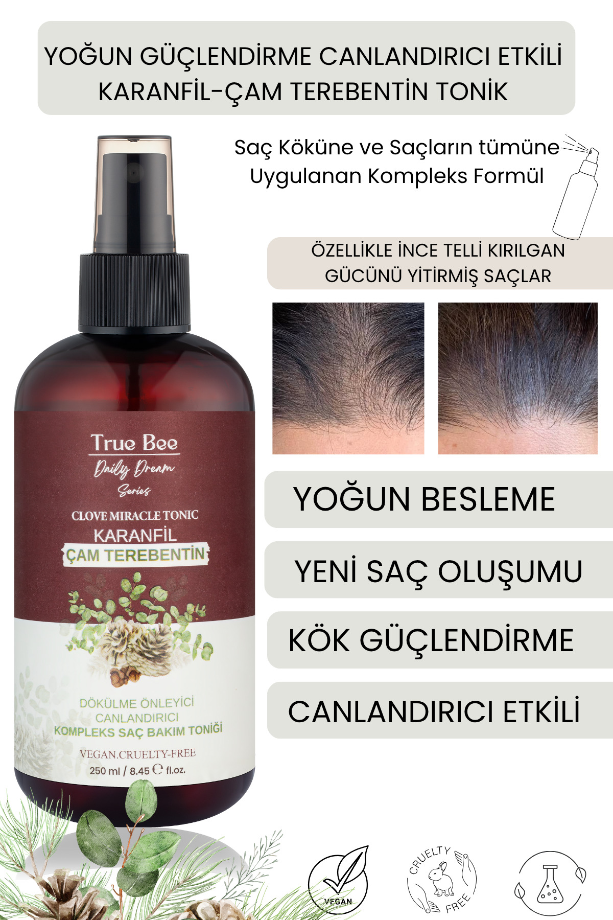 تونیک مراقبت مو با اثر بخشی تغذیه کننده و احیا کننده با عصاره چوب کاج و میخک برای همه جنسیت ها True Bee