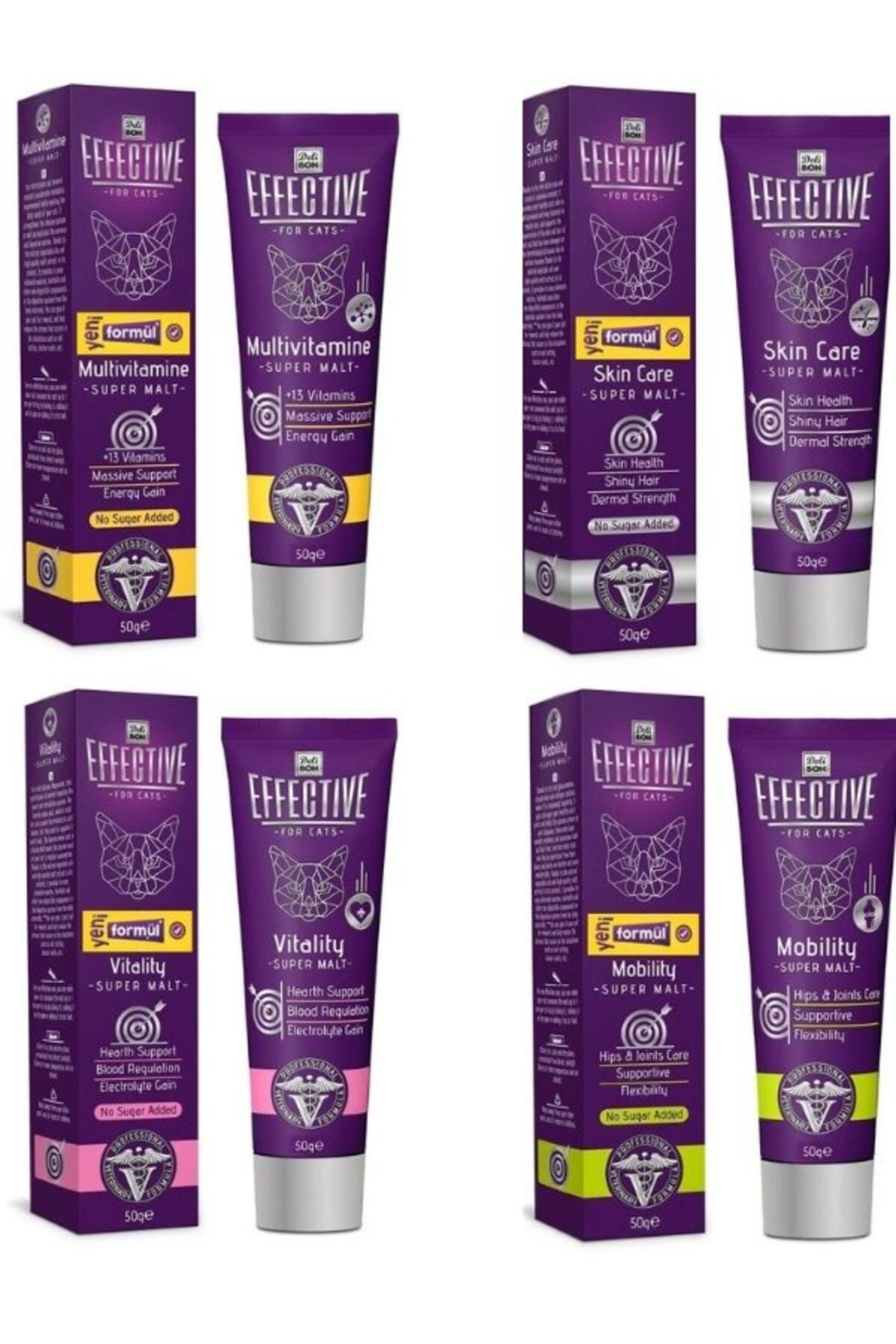 ست ۴ عددی خمیر مالت گربه دلیبون Delibon Effective؛ مولتی‌ویتامین، Vitality، Skin Care و Mobility 50 Gr