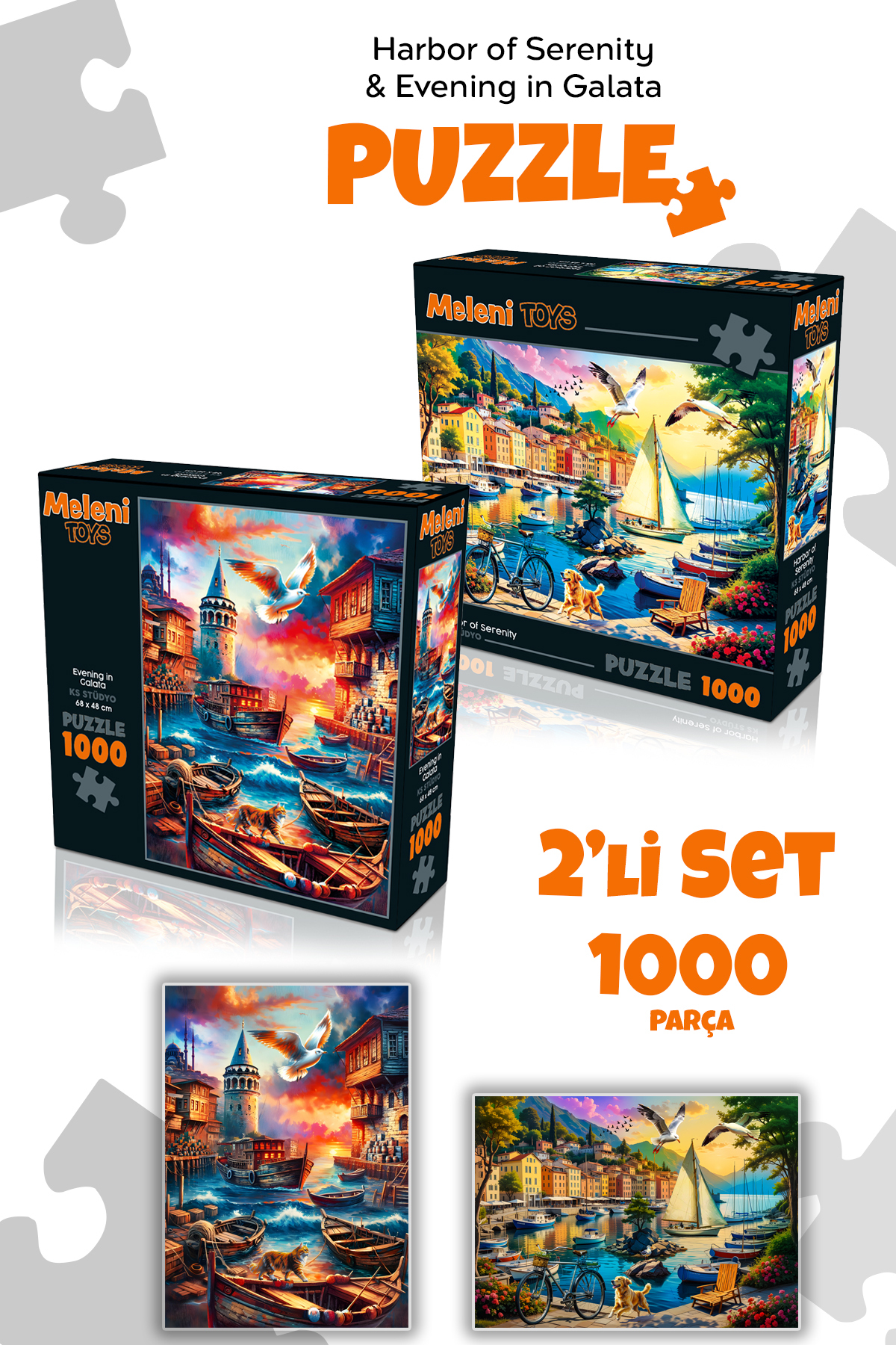 پازل 2 تکه 1000 نمایی از برج گالاتا و آرامش در بندرگاه 68X48 سانتی متر ترکیه Meleni Toys