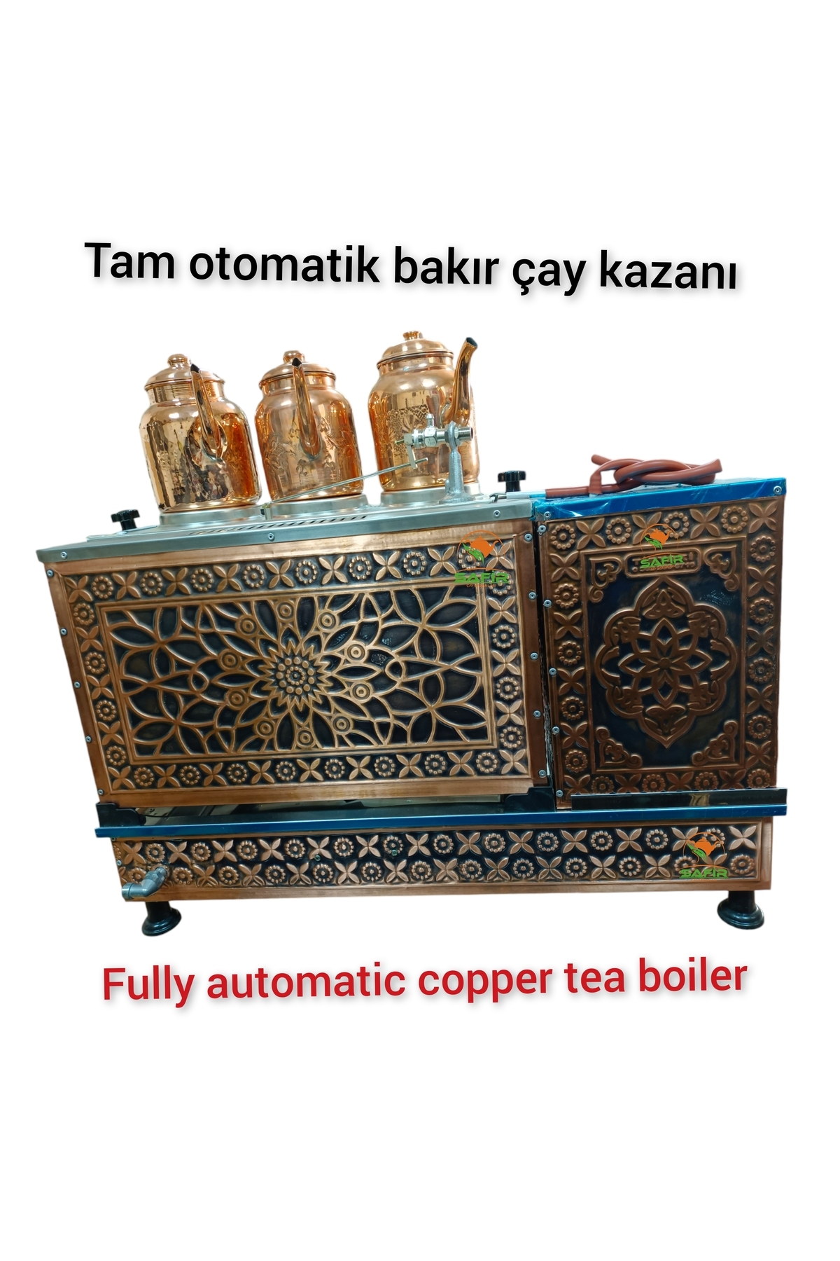 چای ساز اجاق گاز مسی با 3 قوری دیگ شعله برقی + سماور لوله ای سیستم ETS اورجینال Safir