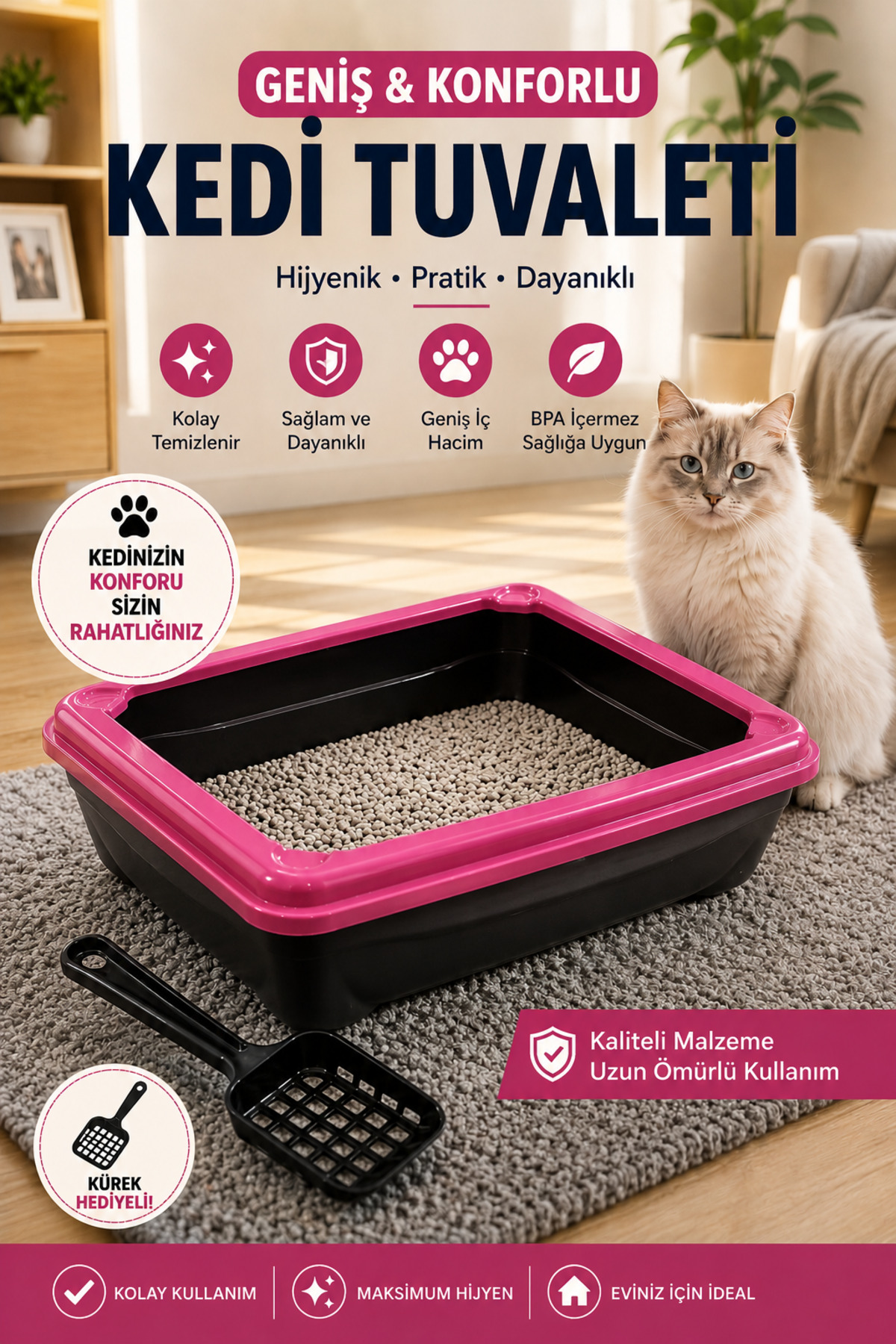 توالت روباز گربه ییلدیزهانه Yıldızhane مدل Eco Kitty Açık Wc همراه بیلچه صورتی