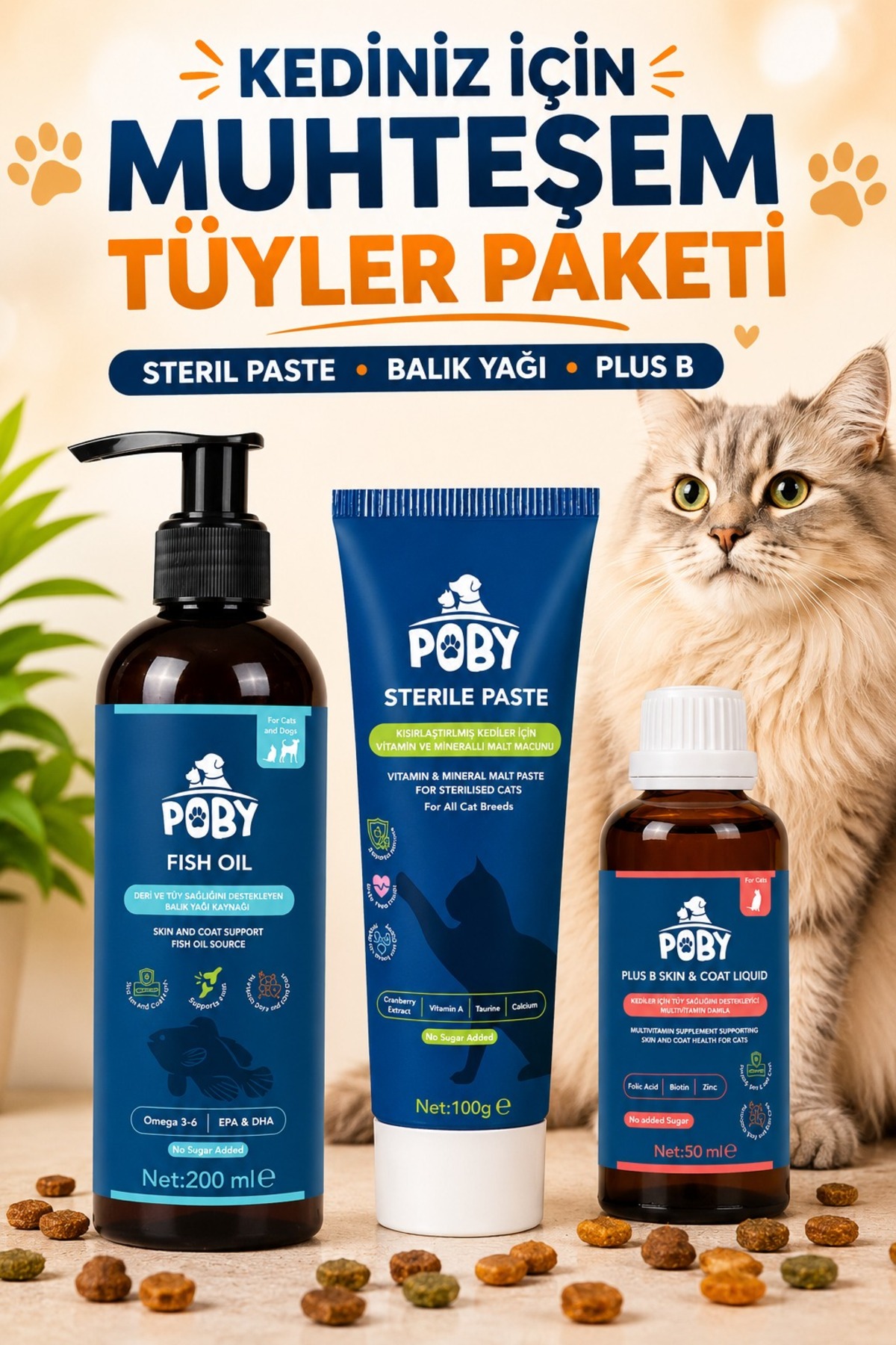 بسته مکمل گربه پوبی پت کلاب Poby Pet Club مدل MuhteşemTüy؛ روغن ماهی، خمیر مولتی‌ویتامین و قطره Plus B