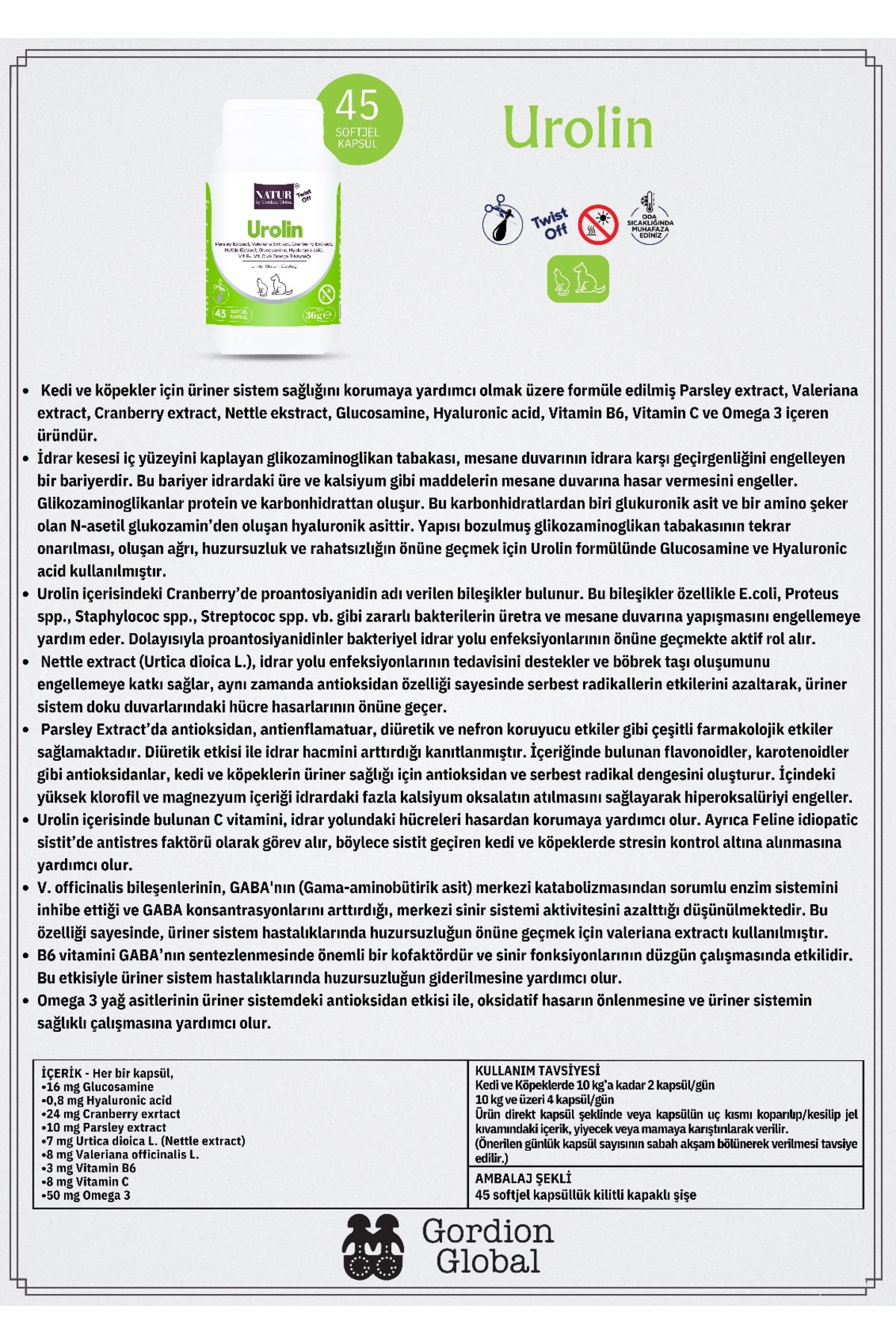 قرص مکمل حمایت از سلامت مجاری ادراری گربه و سگ ناتور بای گوردیون گلوبال Natur by Gordion Global Urolin