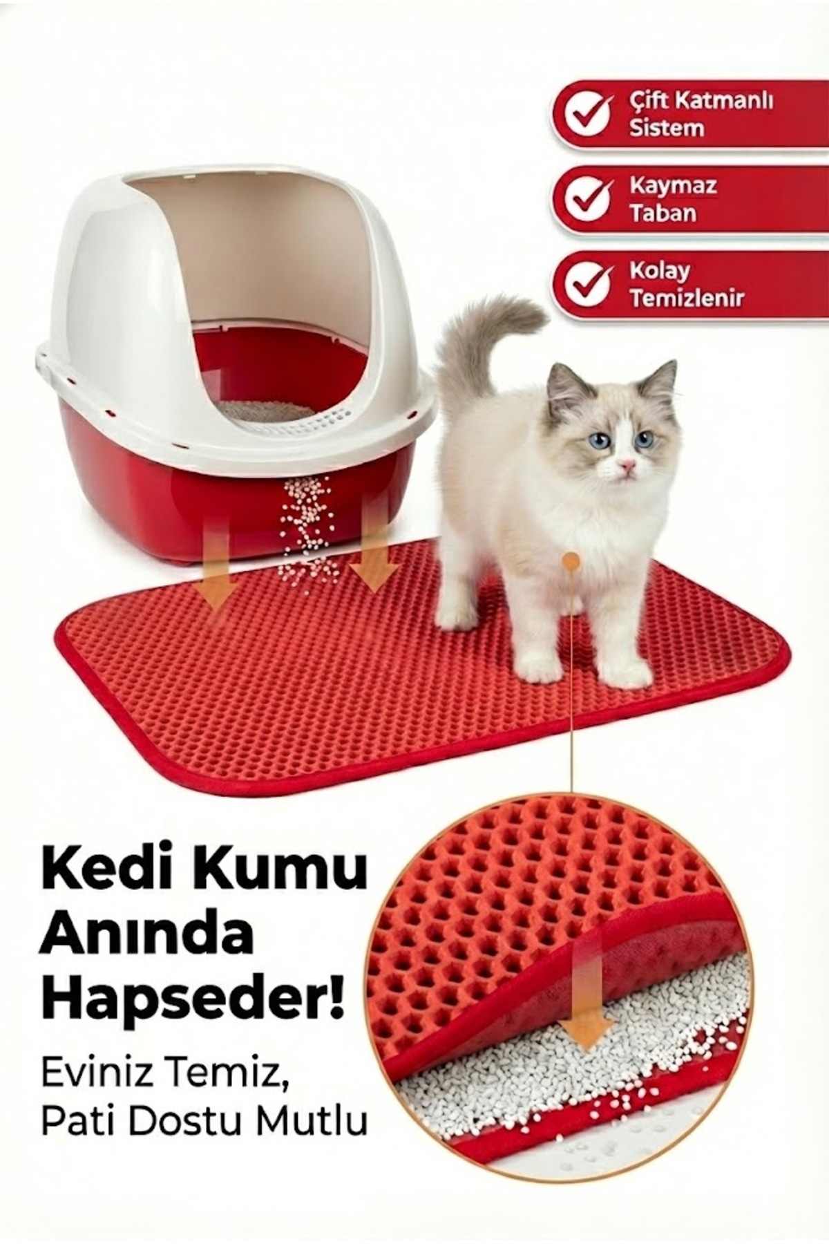 زیرانداز جلوی توالت گربه پوگالو Pugalo CleanPaw Premium، دولایه و سوراخ‌درشت، قرمز