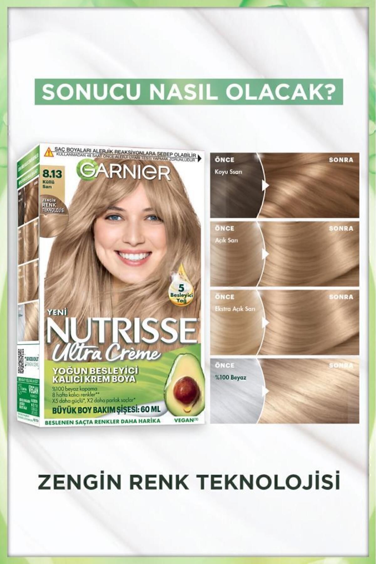 Garnier رنگ مو کرمی دائمی مغذی مکمل Nutrisse 8.13 زرد خاکستری